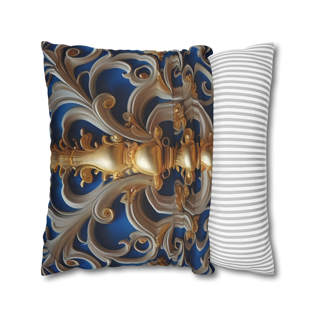 Opulent Baroque-Inspired Blue & Gold Throw Pillow Cover: Luxurious Ornate Symmetrical Design Cushion