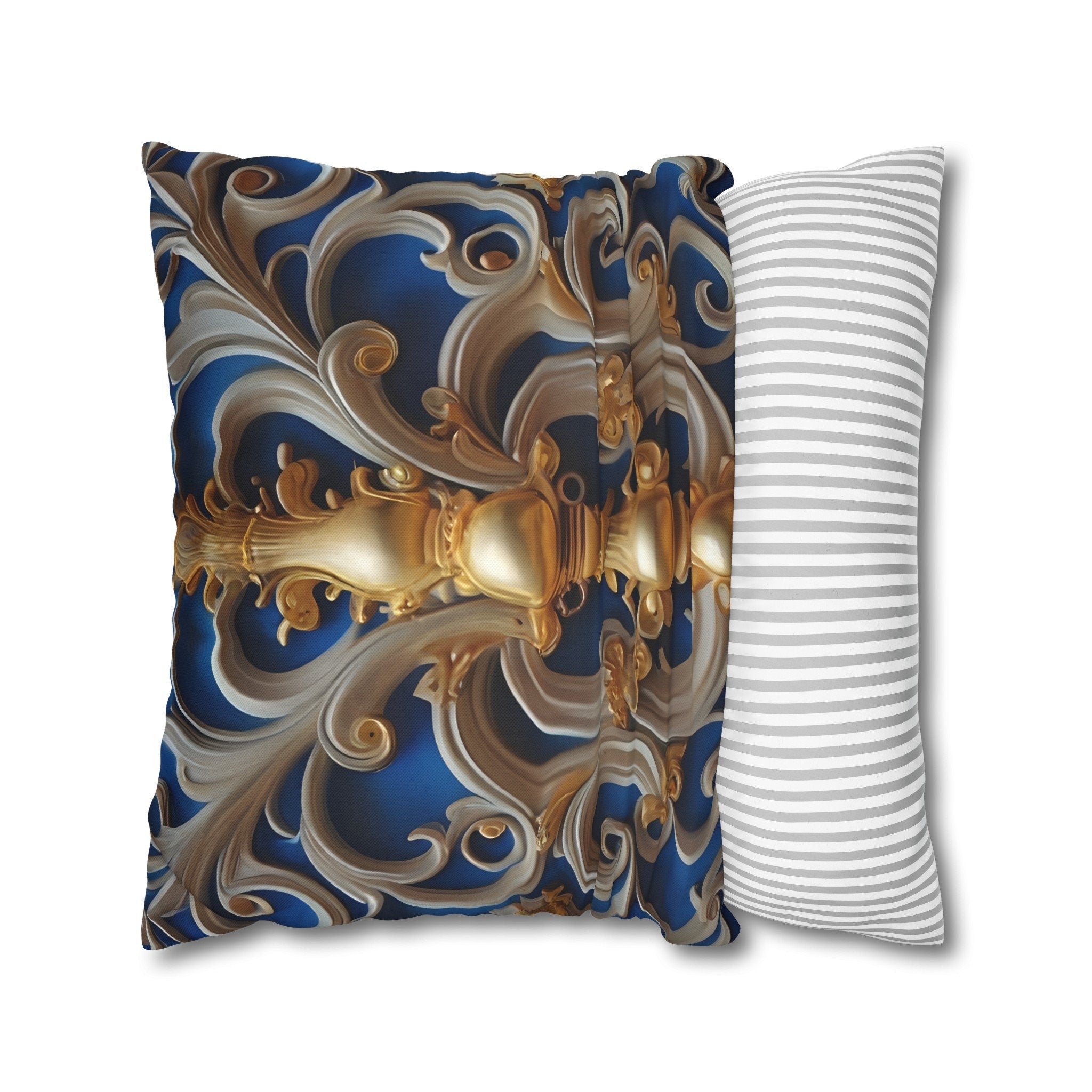 Opulent Baroque-Inspired Blue & Gold Throw Pillow Cover: Luxurious Ornate Symmetrical Design Cushion