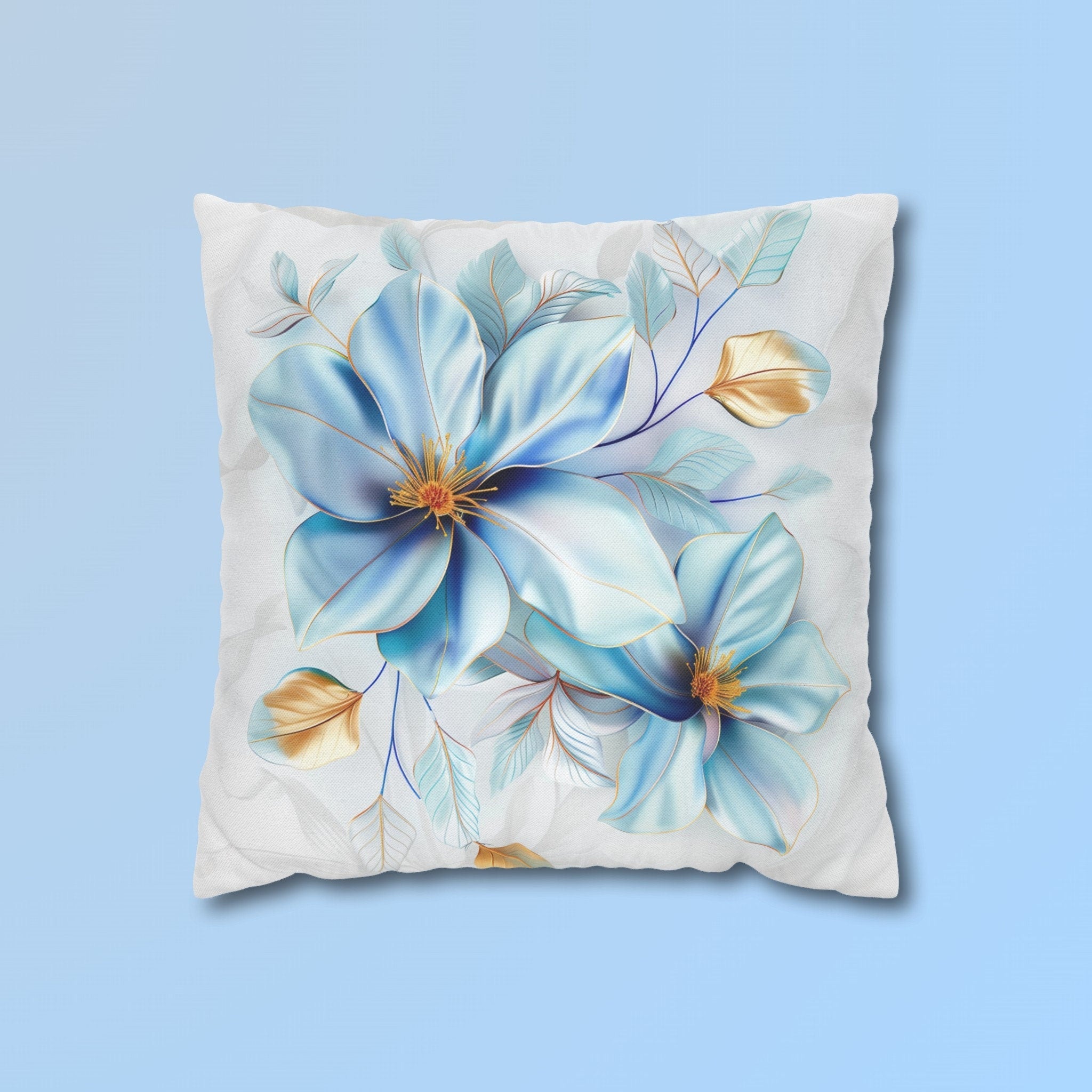 Blue Magnolia Pillow Cover with Golden Accents: Elegant Floral Cushion Case