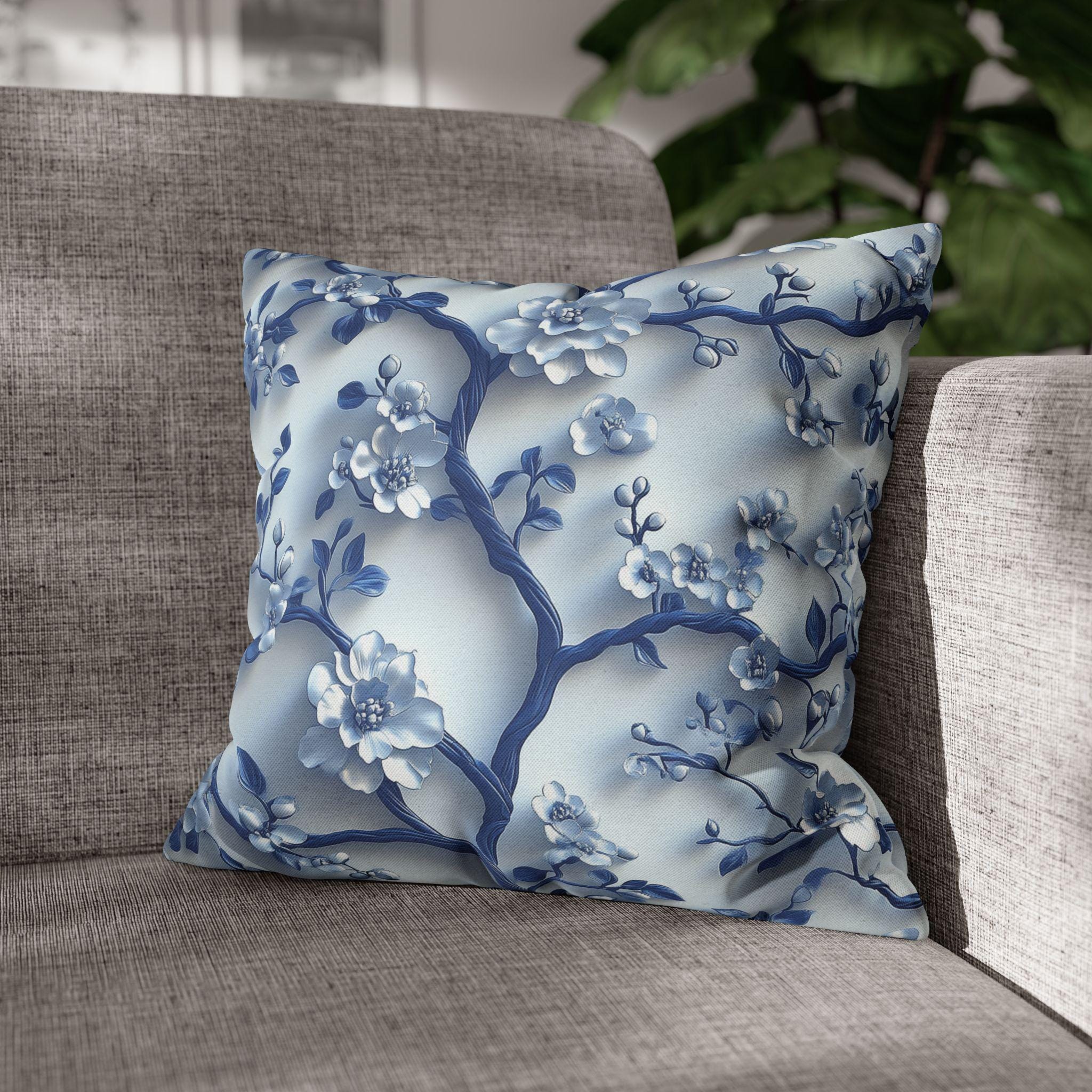 Chinoiserie Pillow Cover | Blue & White Cherry Blossoms | Elegant Home Decor Gift for Home