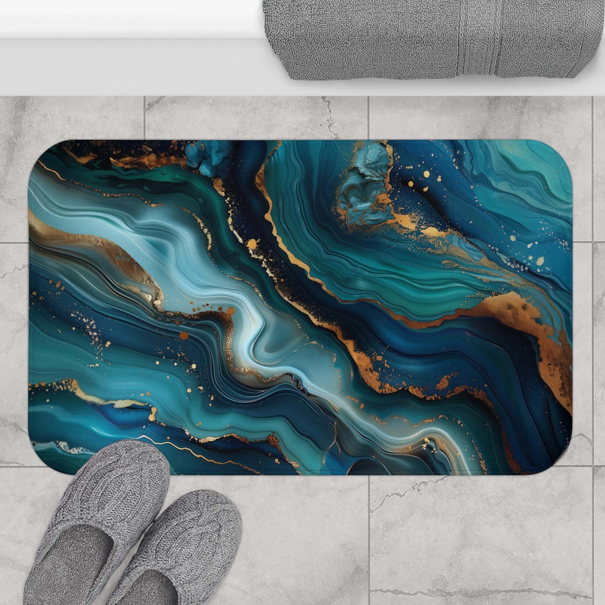 Elegant Teal & Gold Ocean Wave Bath Mat: Abstract Bathroom Decor, Luxury Spa Floor Accent