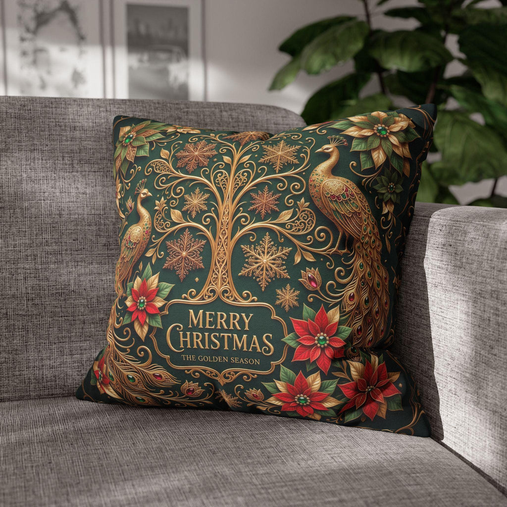 Emerald Green Peacock Christmas Pillow Cover: Gold Poinsettia, Maximalist Holiday