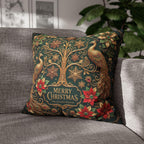 Emerald Green Peacock Christmas Pillow Cover: Gold Poinsettia, Maximalist Holiday