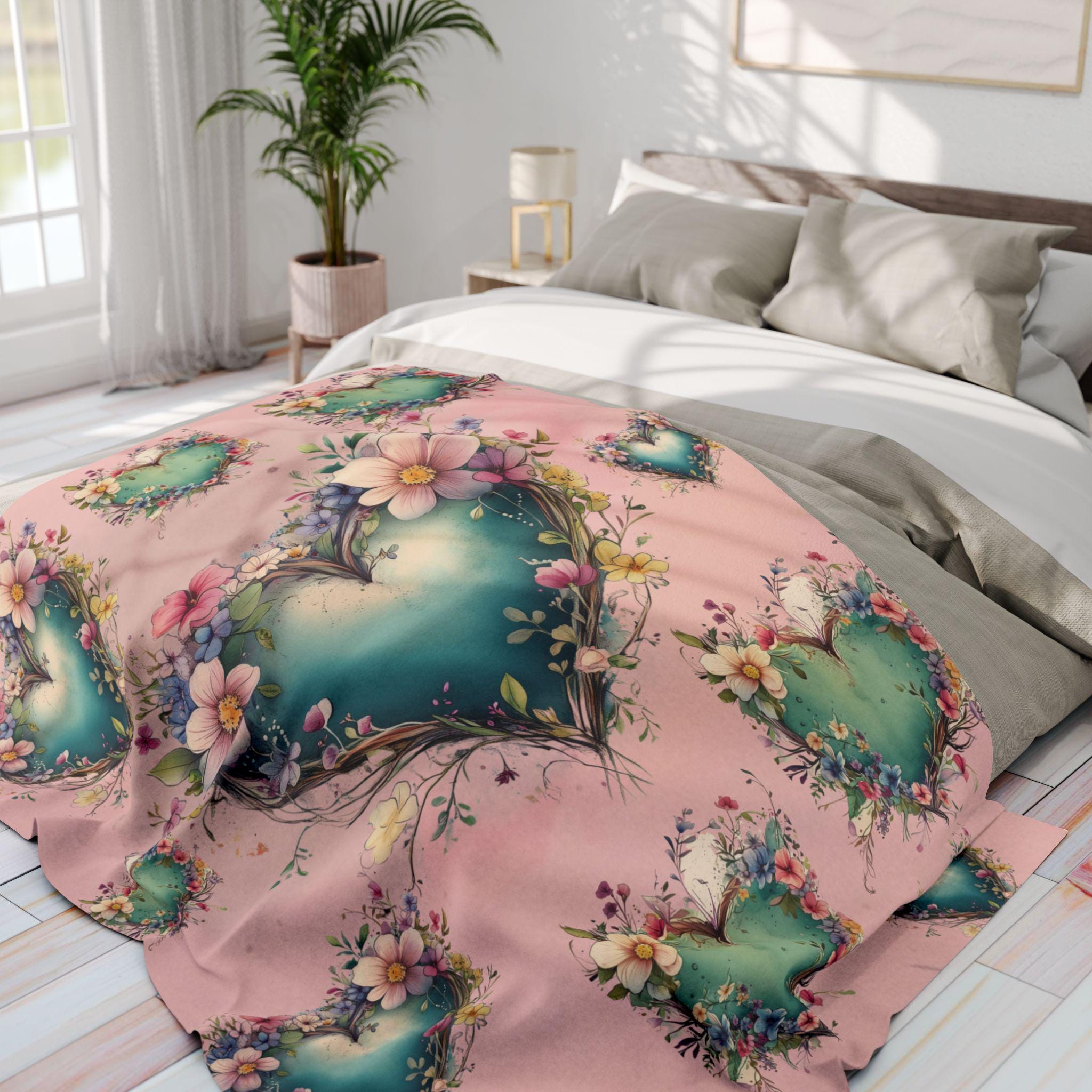 Romantic Floral Heart Wreath Fleece Blanket: Teal & Blush Pink Throw for Cozy Home Decor