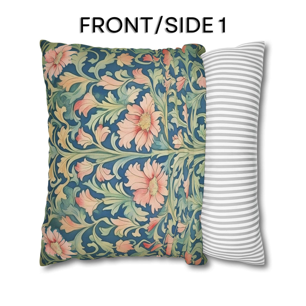 William Morris Pimpernel-Inspired Pillow Cover: Modern Blue & Coral Pink Botanical