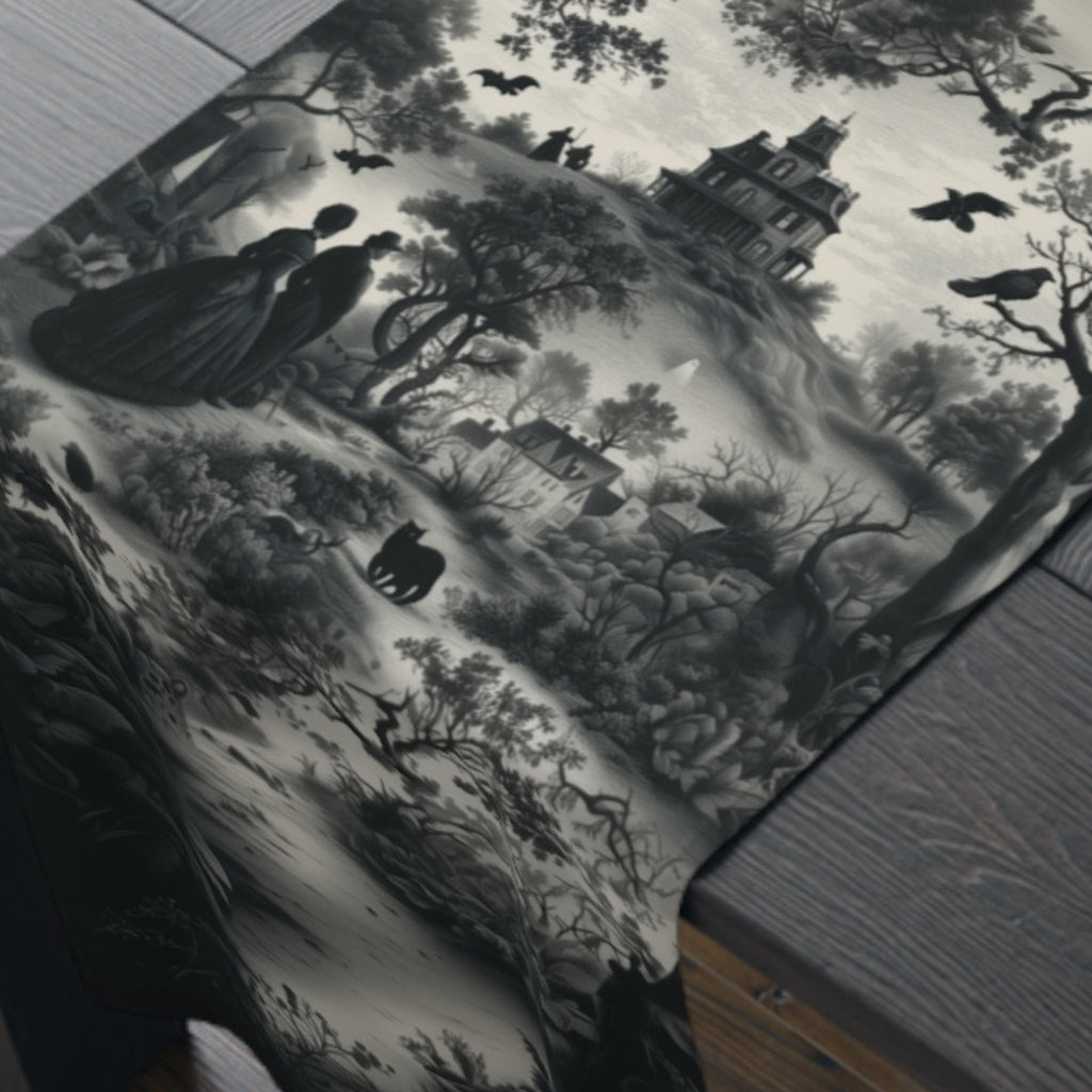 Halloween Toile Table Runner: Haunted House, Crows, and Black Cat in Monochrome