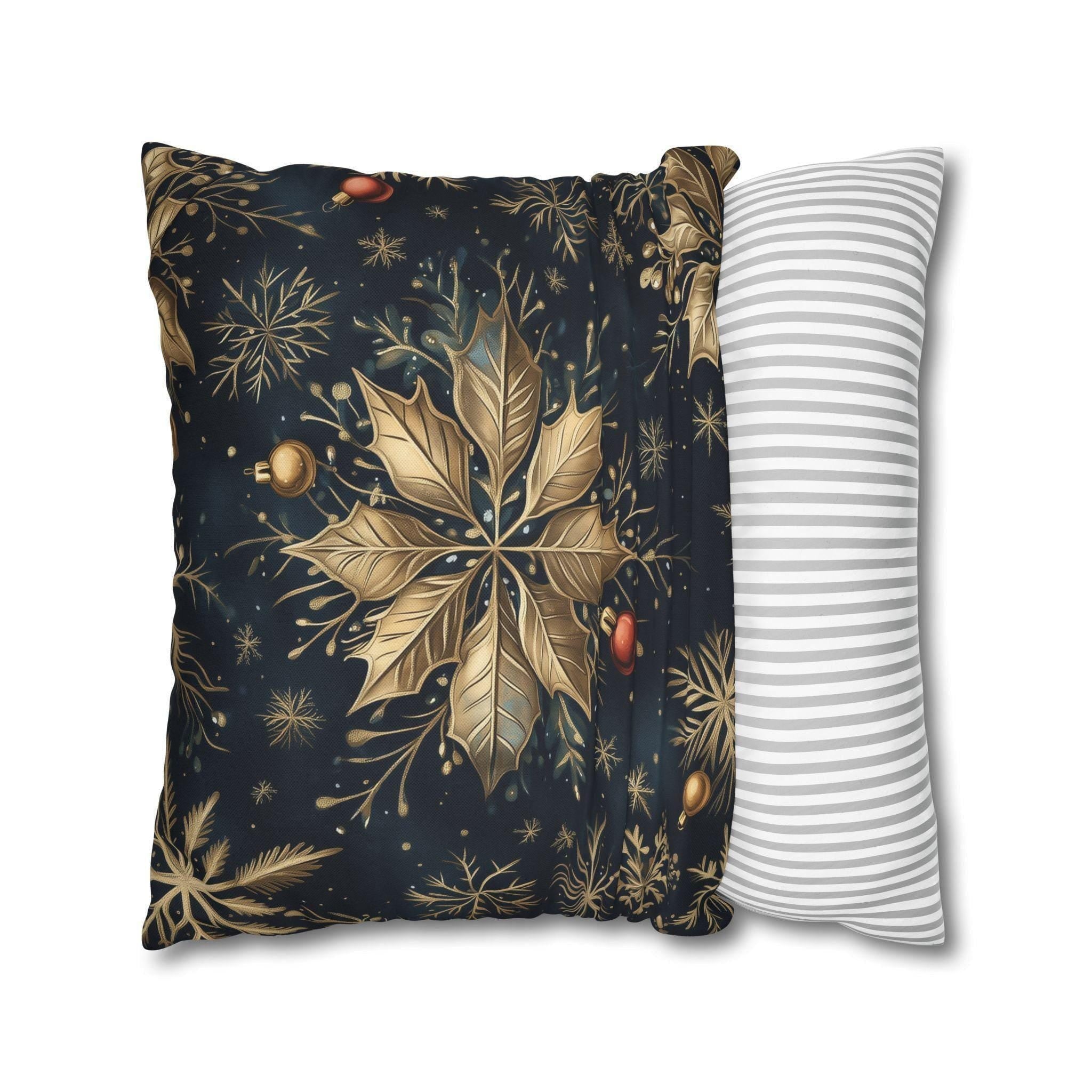 Elegant Poinsettia and Snowflake Pillow Cover | Holiday Decor | Gold Accents on a  Navy Blue Background