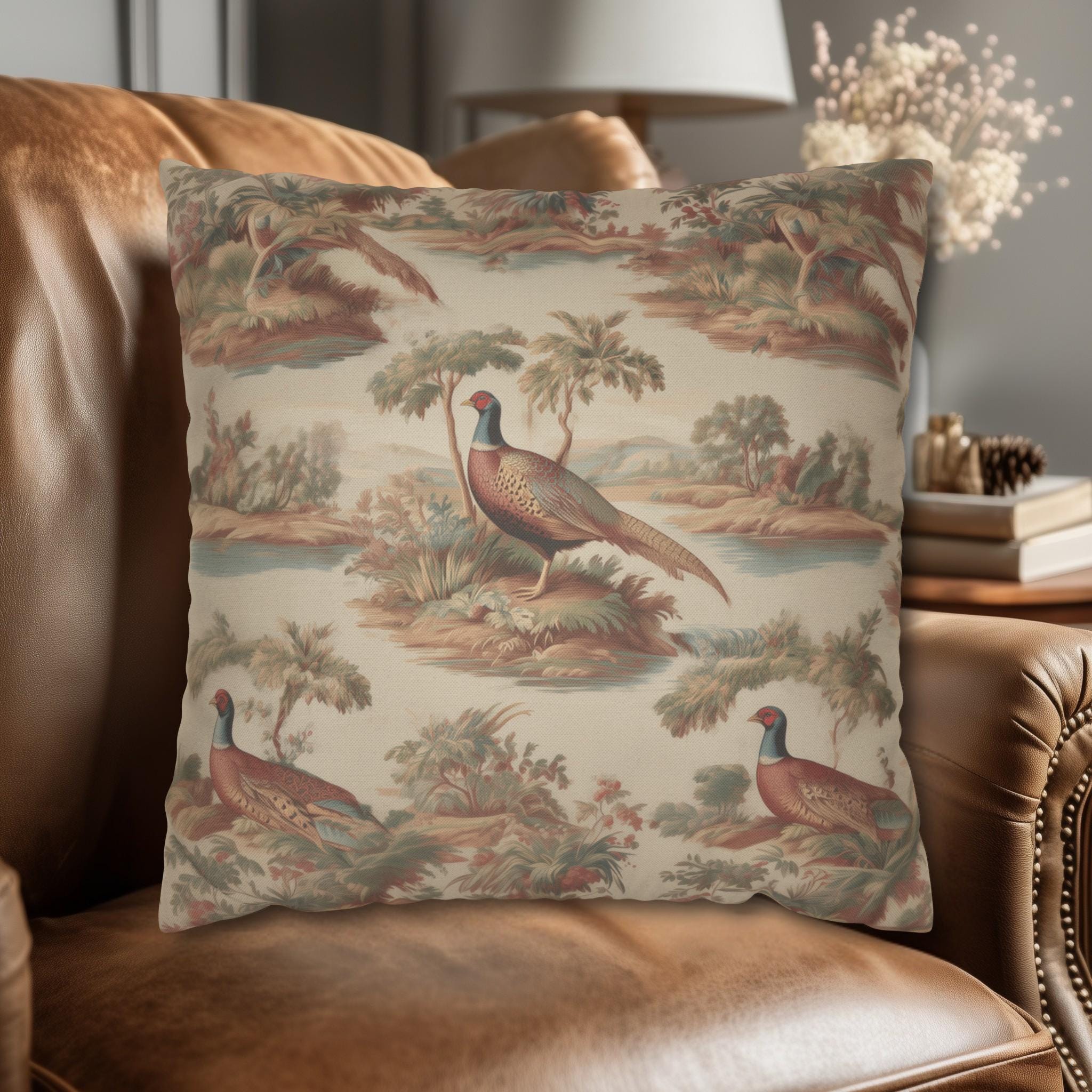 French Toile Pheasant Pillow Cover: Vintage Style Country Bird Scene