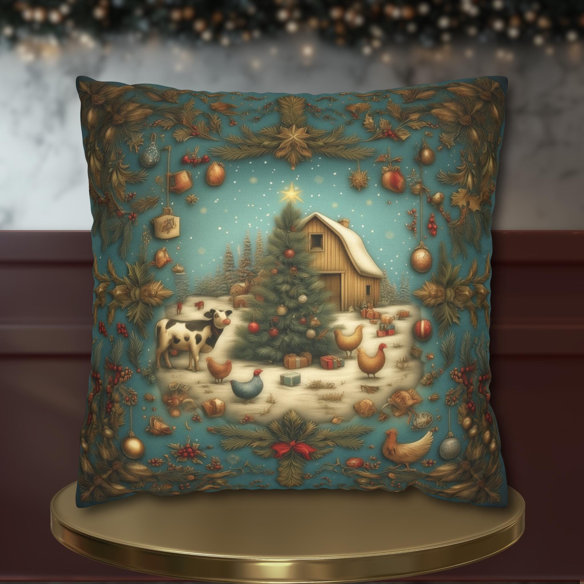 Country Christmas Farmhouse Pillow Cover: Barnyard Holiday Scene