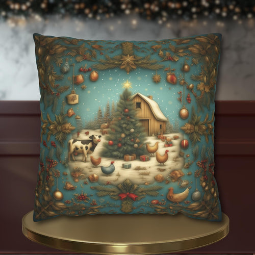 Country Christmas Farmhouse Pillow Cover: Barnyard Holiday Scene