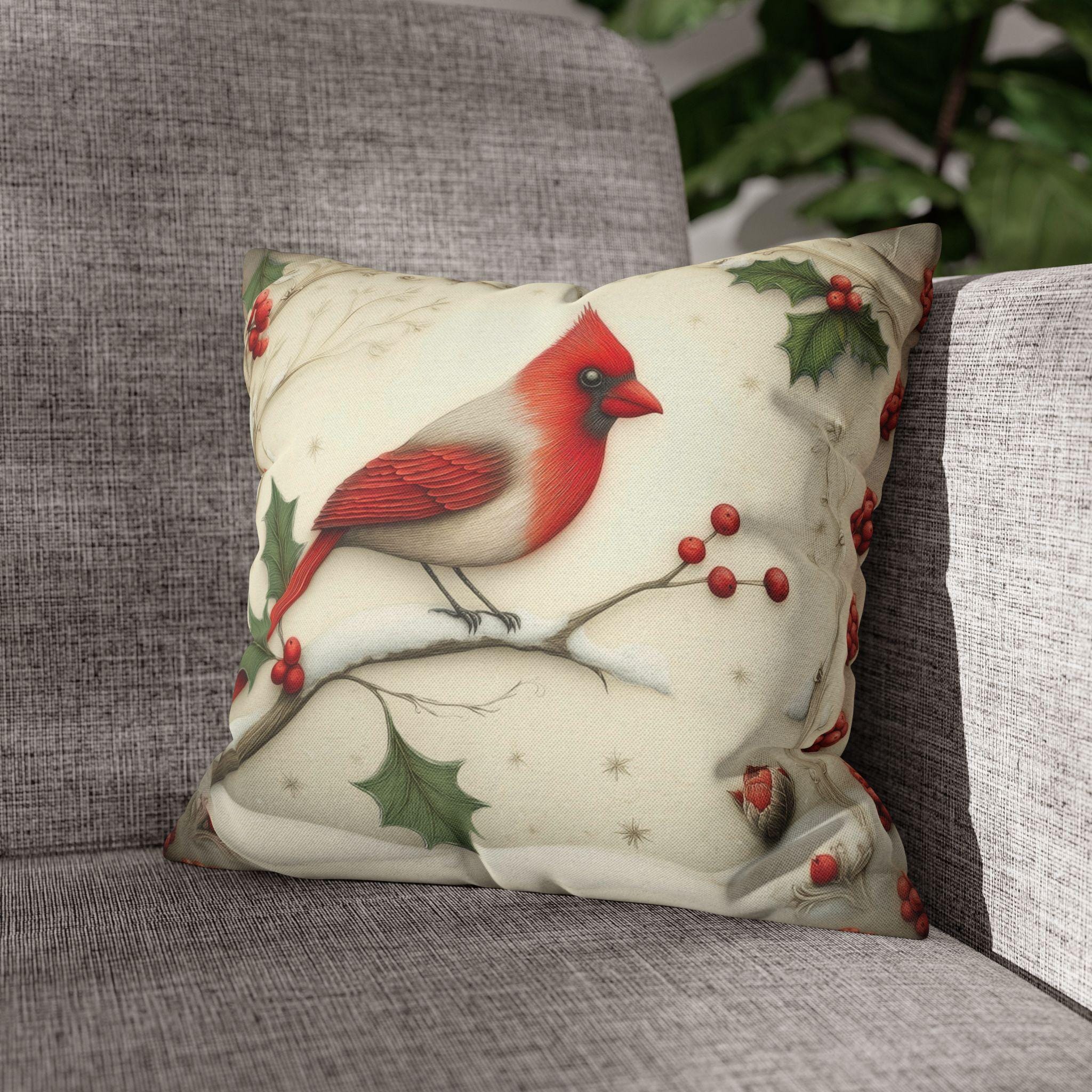 Cardinal in Winter Pillow Cover: Vintage Style Holiday Bird & Snowy Branches Accent