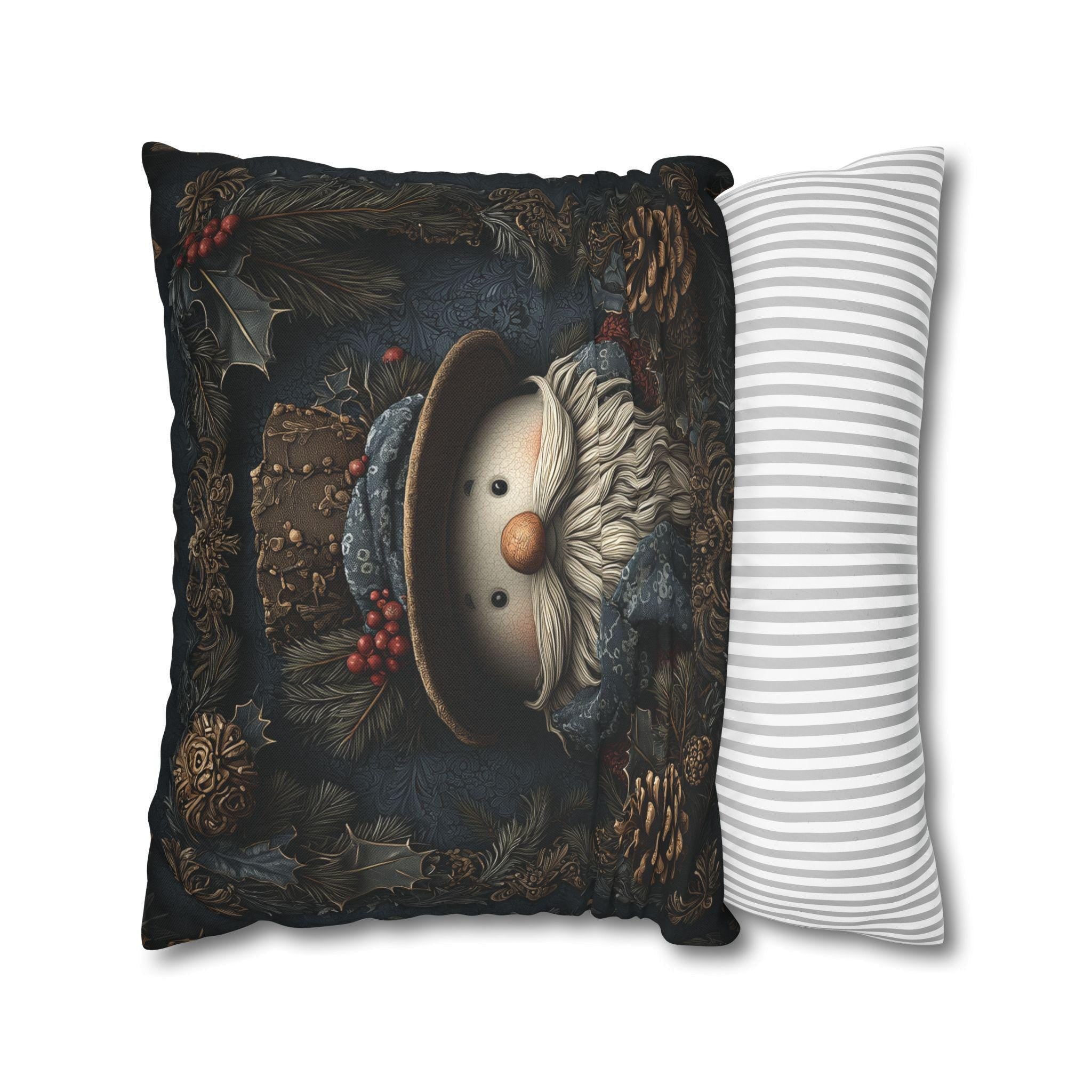 William Morris Inspired Christmas Pillow Cover: Rustic Santa Snowman Woodland Pine & Holly Illustration