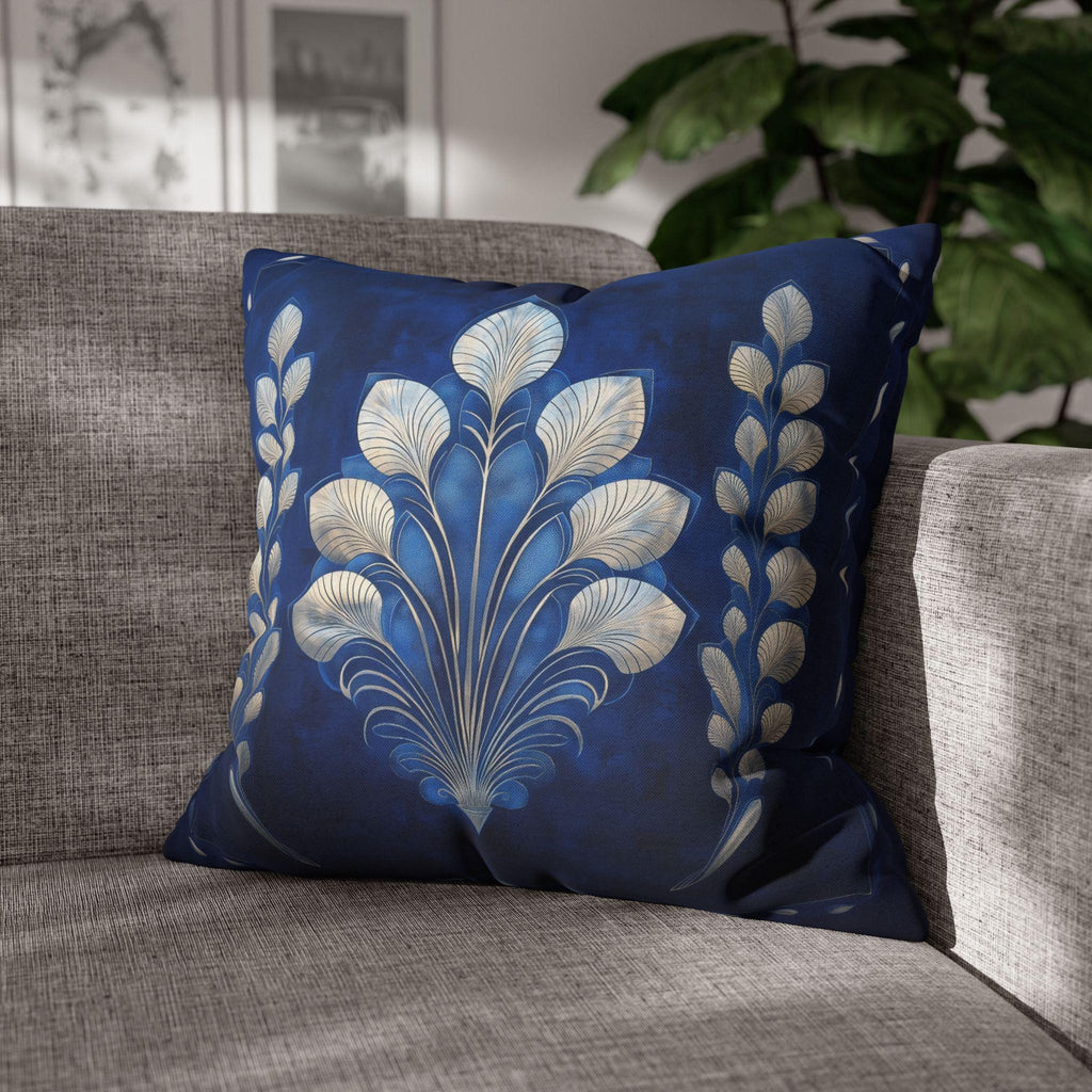 Sapphire Blue Art Deco Pillow Cover: Silver Fan, Hollywood Glam