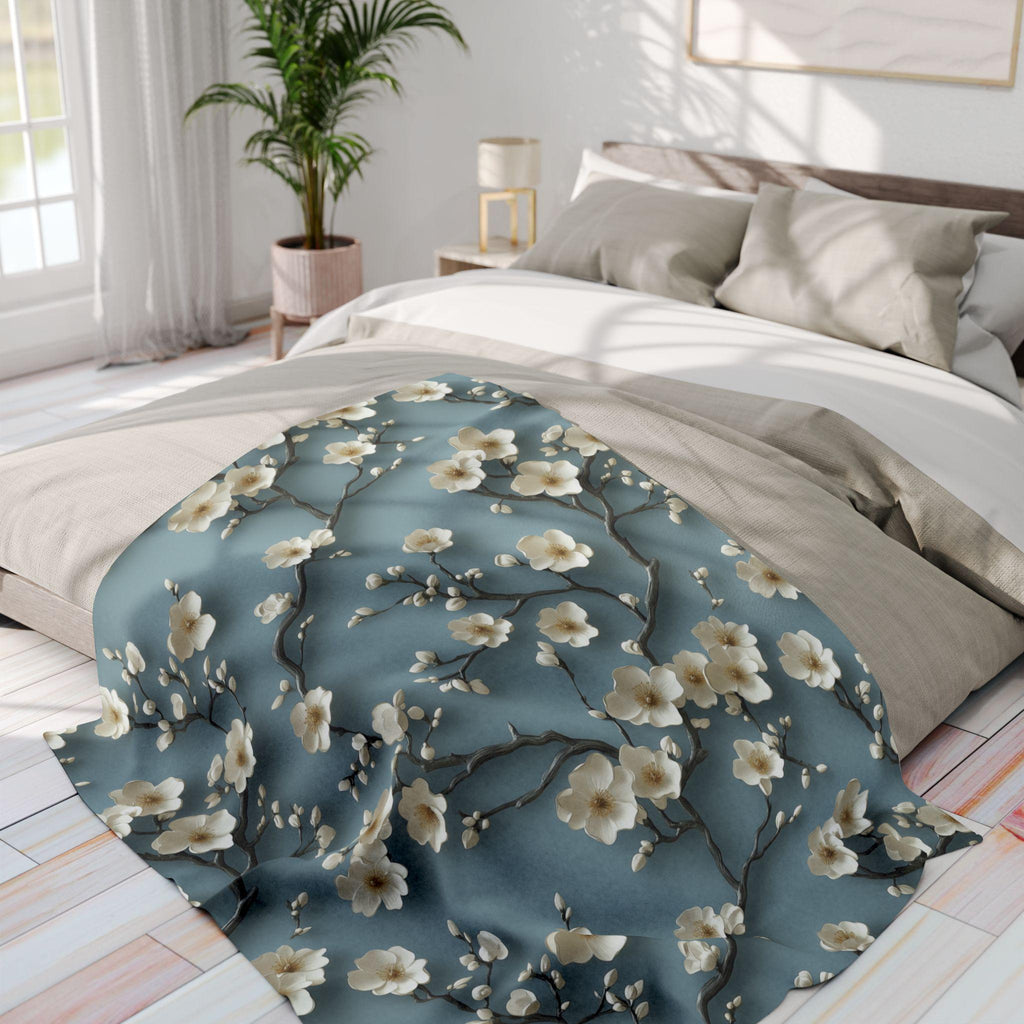 Chinoiserie Fleece Throw: Blue-Teal Gradient with Cream Cherry Blossom Design - Cozy Home Accent