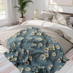Chinoiserie Fleece Throw: Blue-Teal Gradient with Cream Cherry Blossom Design - Cozy Home Accent