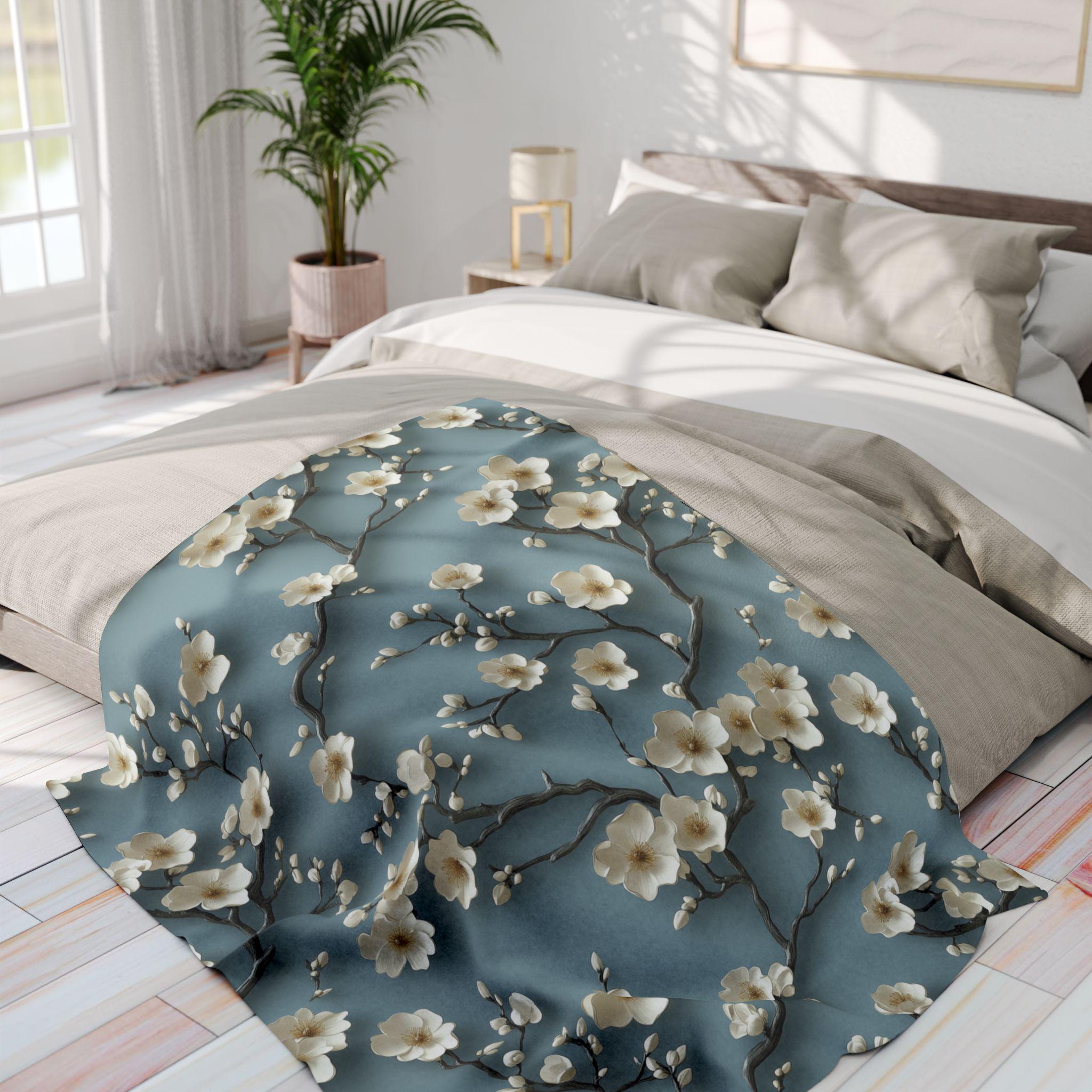 Chinoiserie Fleece Throw: Blue-Teal Gradient with Cream Cherry Blossom Design - Cozy Home Accent