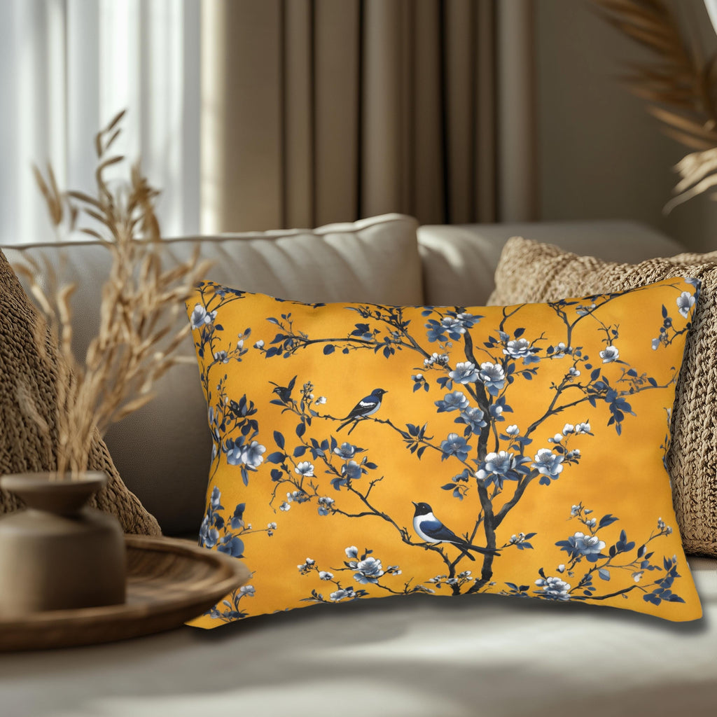 Elegant Chinoiserie Bird Lumbar Pillow: Golden Yellow & Blue Floral Cushion for Eclectic Decor