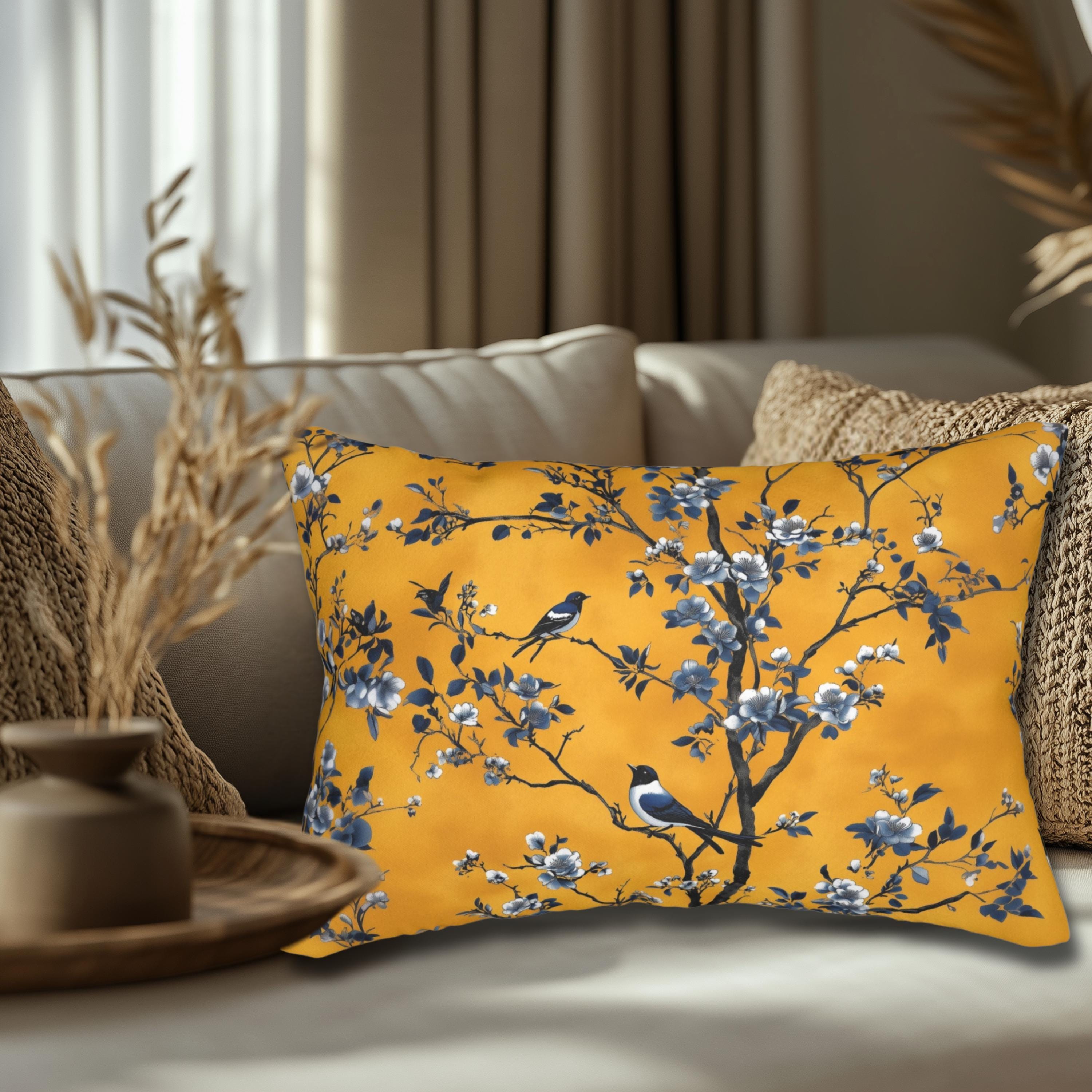 Elegant Chinoiserie Bird Lumbar Pillow: Golden Yellow & Blue Floral Cushion for Eclectic Decor