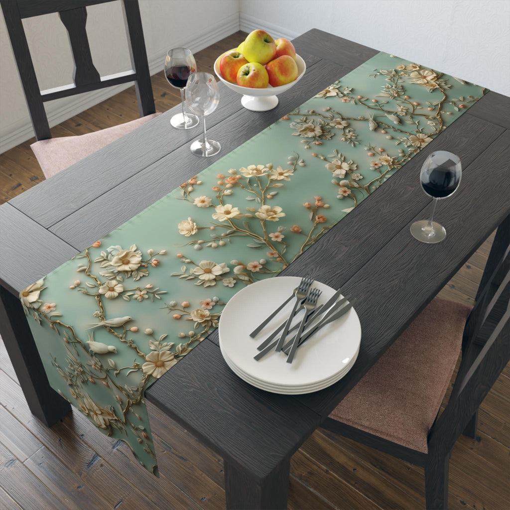 Elegant Chinoiserie Table Runner: Pastel Blue-Green Birds & Blossoms, 3D Floral Dining Decor
