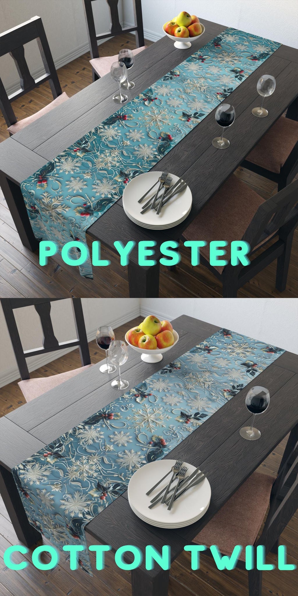Elegant Blue Christmas Table Runner with Snowflakes, Holly Leaves, and Berries for Festive Dining