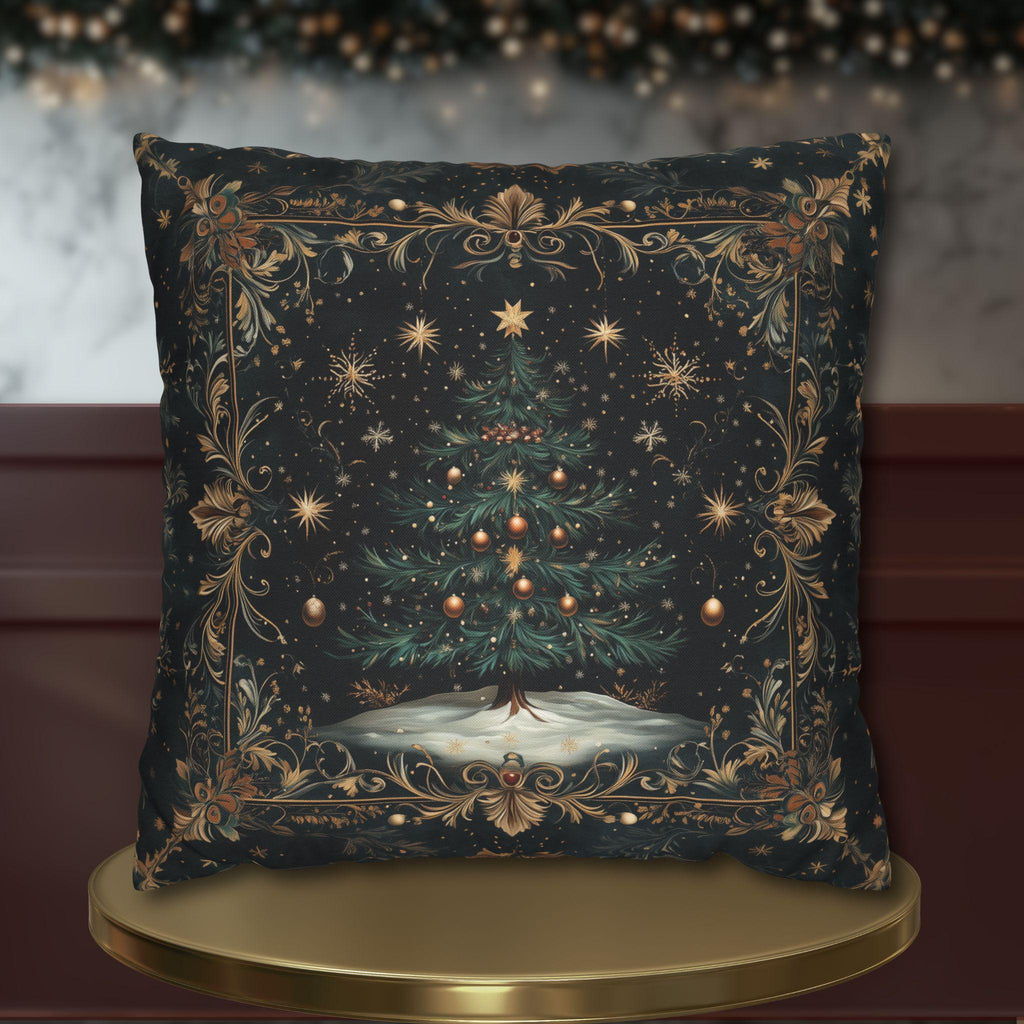 Victorian Christmas Tree Pillow Cover: Gold Filigree & Midnight Black Holiday Decor