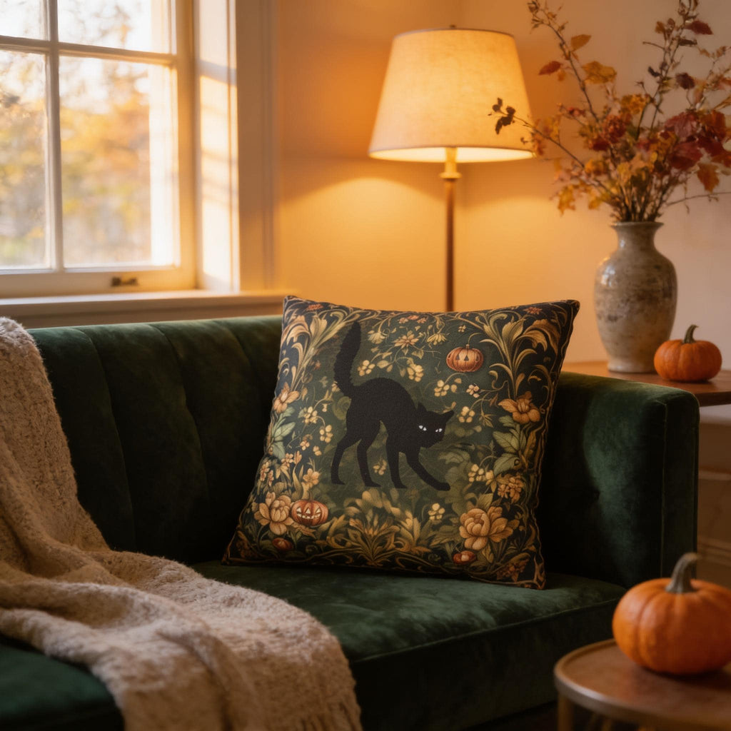 William Morris Inspired Fall Pillow Cover: Black Cat Halloween Botanical Decor