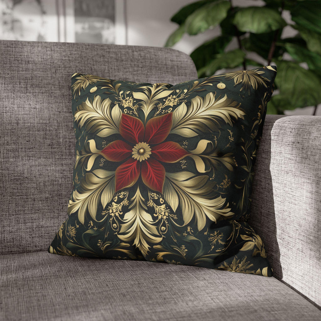 Poinsettia Pillow Cover, Red and Gold, Holiday Home Decor