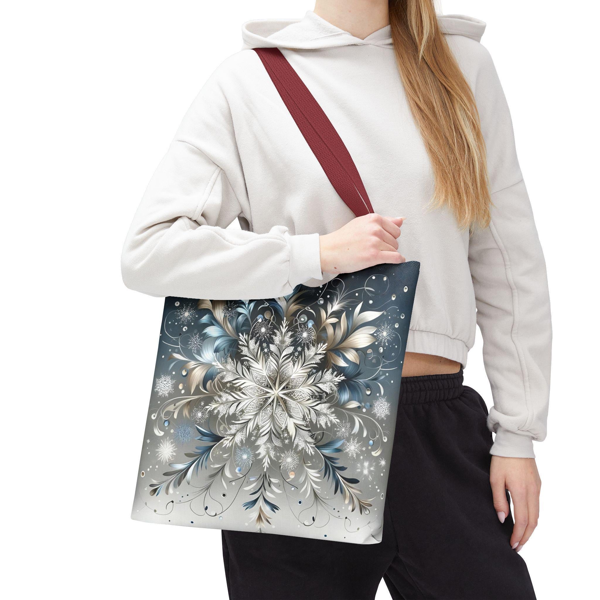 Elegant Snowflake Tote Bag, Silver & Blue Polyester Canvas