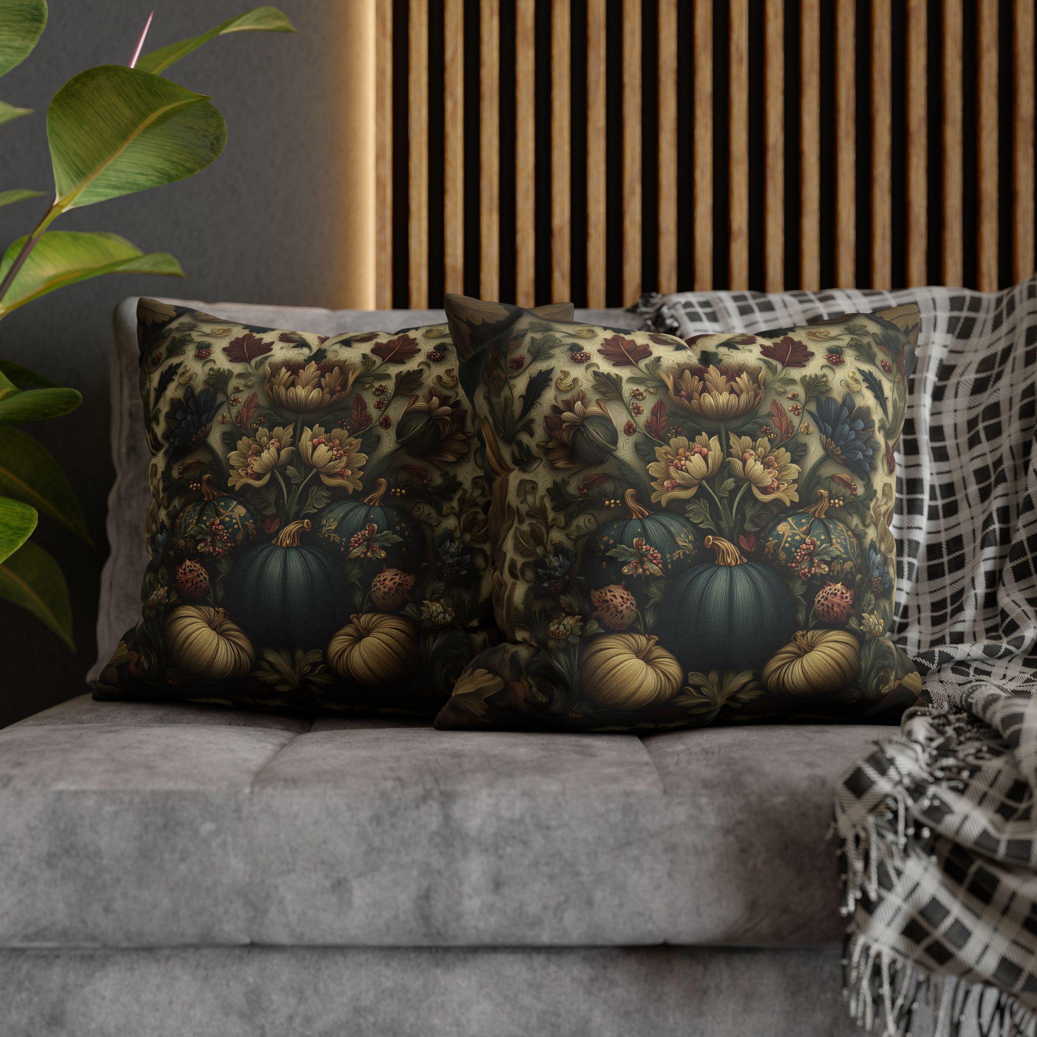 William Morris Inspired Autumn Pillow Cover: Blue Gold & Ivory Botanical Harvest Design