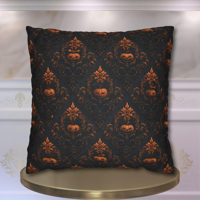 Gothic Halloween Pillow Cover: Jack-o-Lantern Damask in Black and Burnt Orange