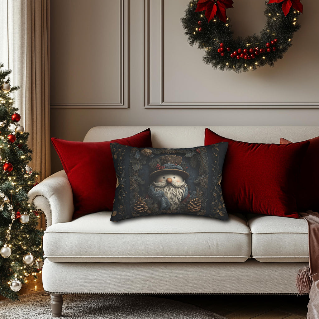 William Morris Inspired Christmas Lumbar Pillow: Rustic Santa Snowman Woodland Pine & Holly Illustration