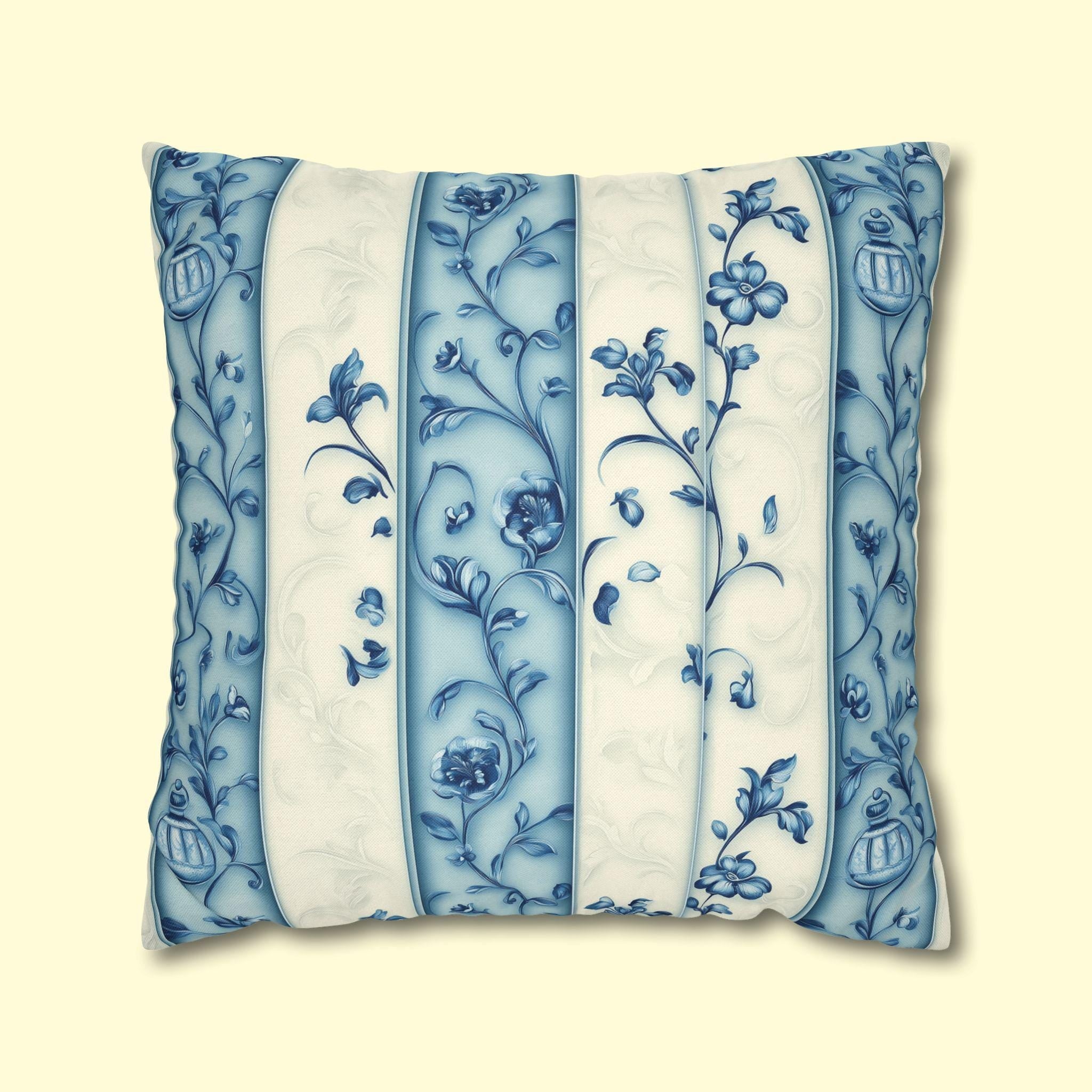 Elegant Blue & White Chinoiserie Floral Stripe Pillowcase: French-Inspired Square Cushion Cover