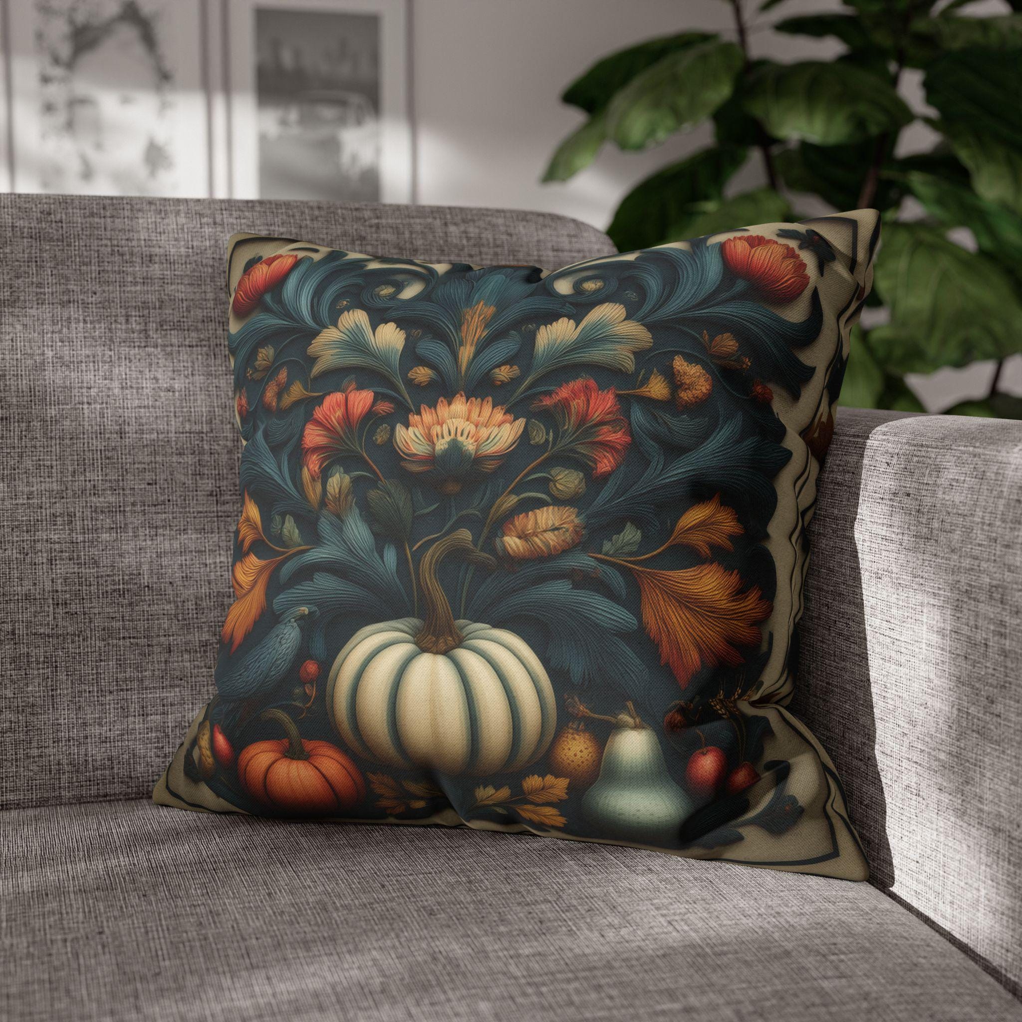 William Morris Autumn Pillow Cover: Cream, Scarlet & Teal Floral Print