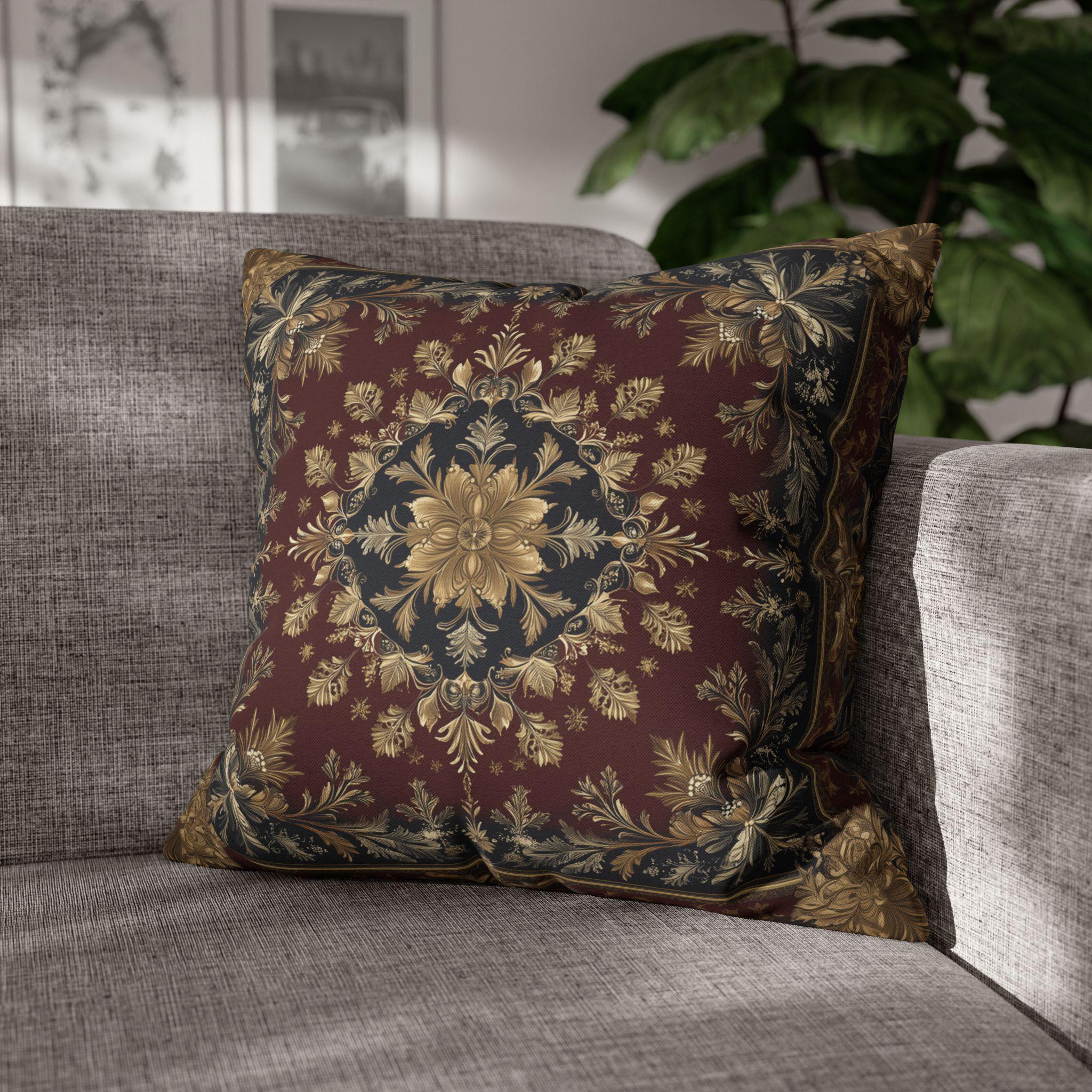Vintage Inspired Pillow Cover: Gold Floral Burgundy Cushion