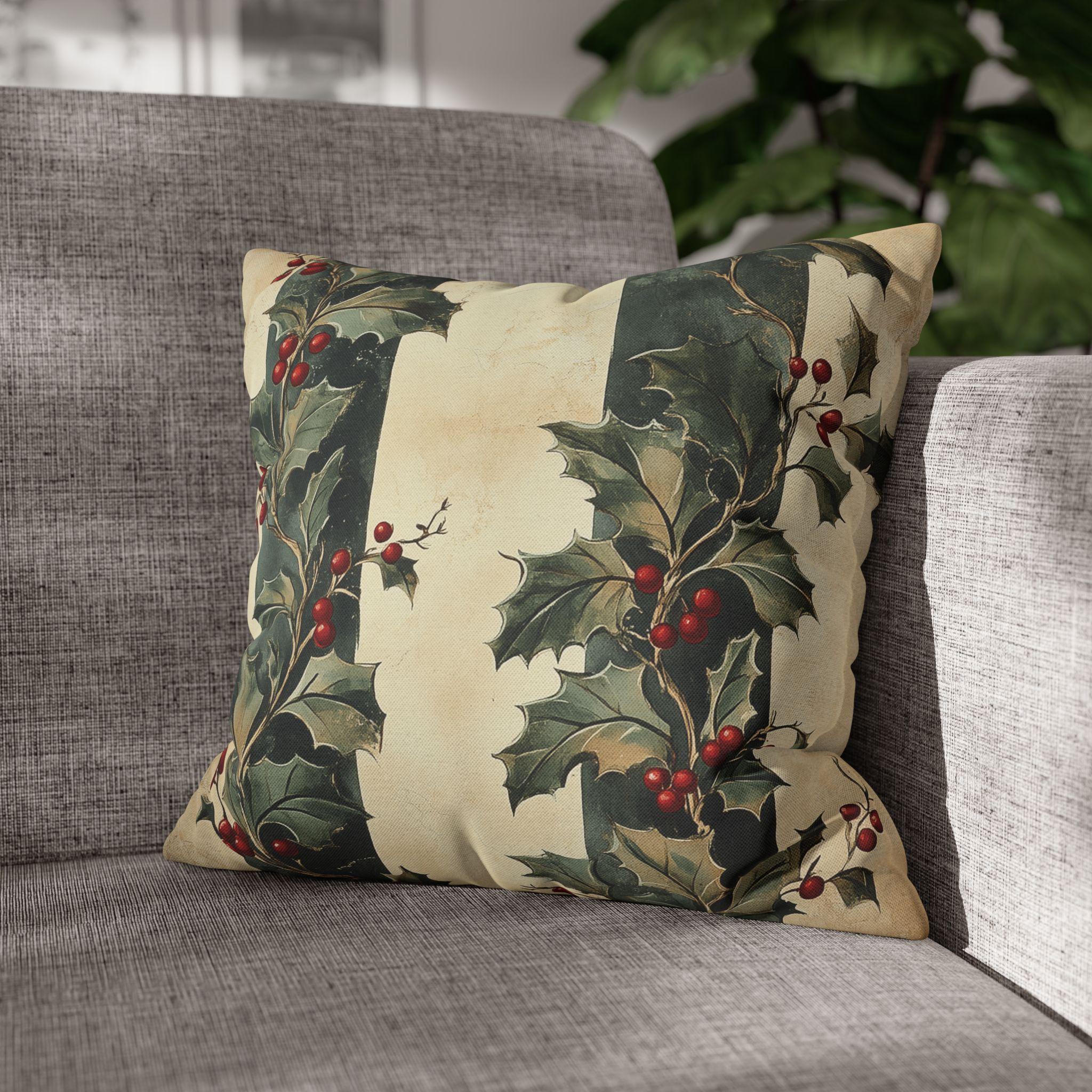 Holly & Stripes Pillow Cover: Vintage Style Christmas Botanical Holiday Accent