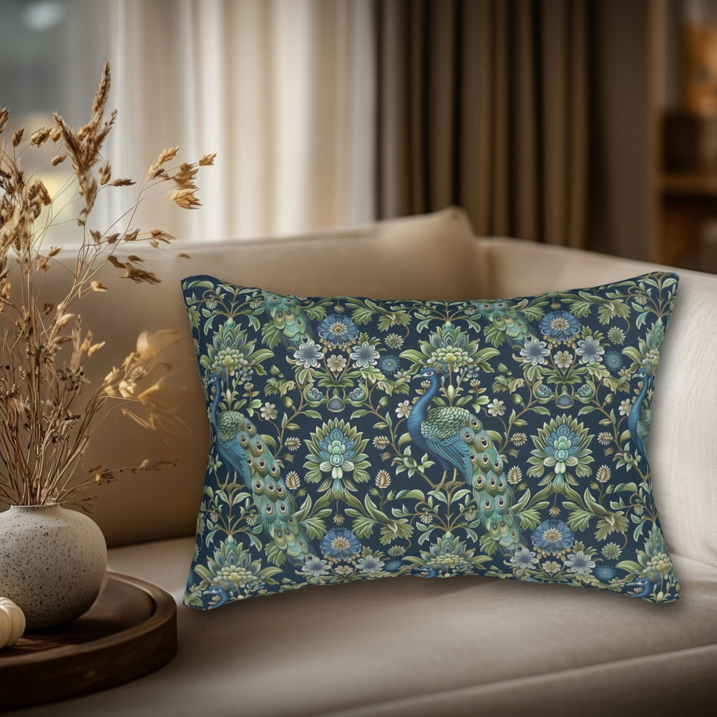 Peacock Lumbar Pillow: Navy Blue, Green, and Cream Floral Design