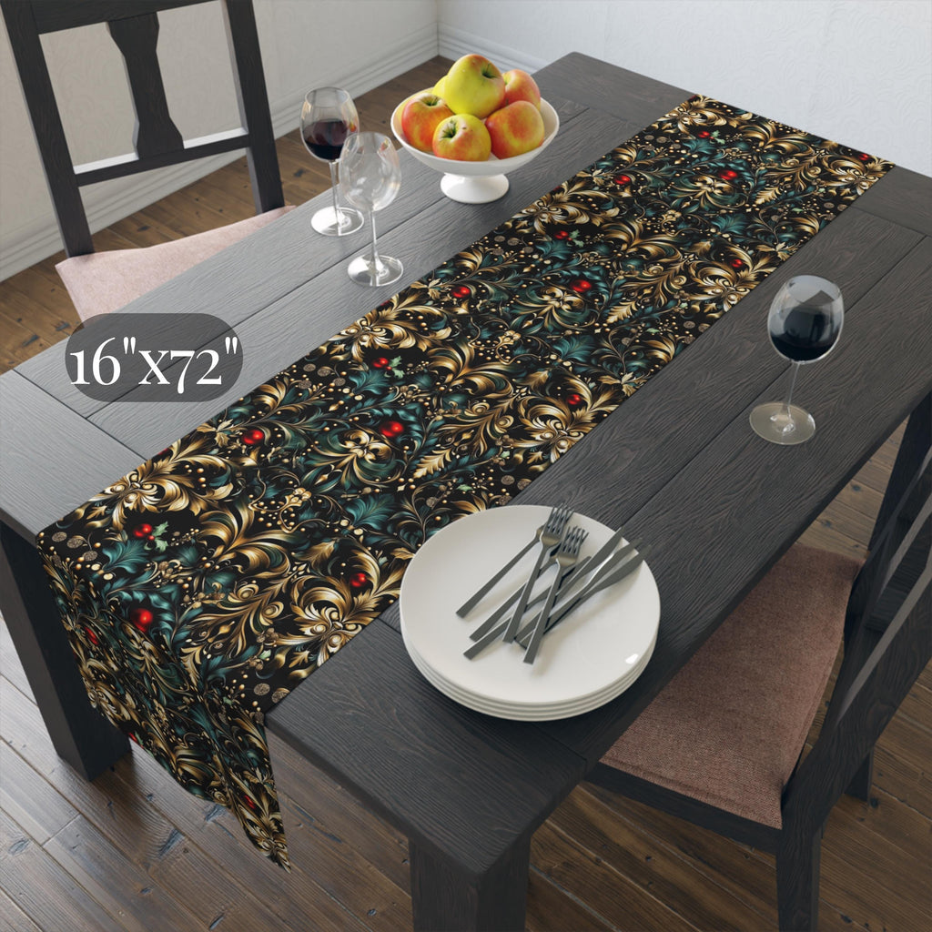 Art Nouveau Christmas Table Runner: Ornate Gold Botanical Holiday Dining Decor