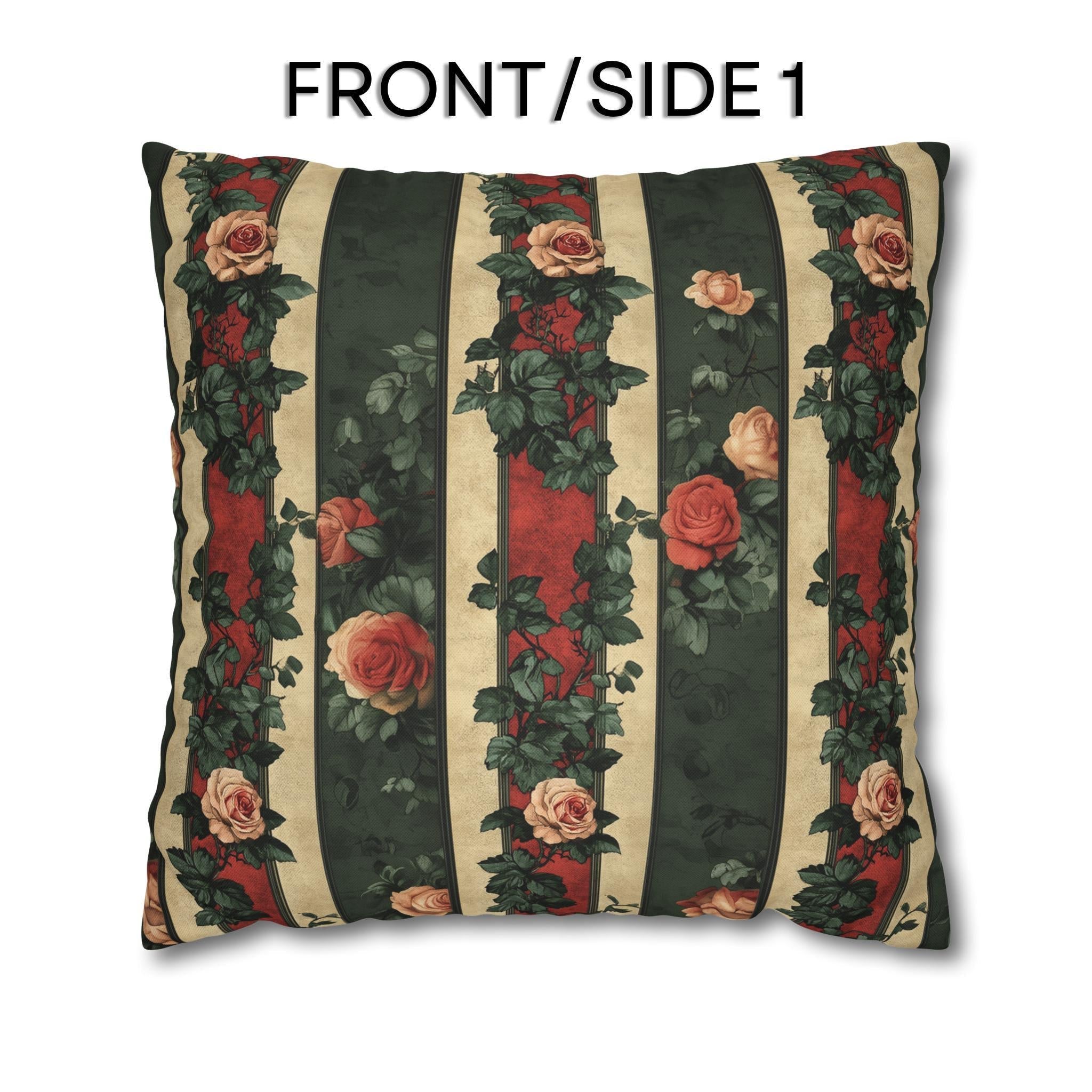 Stripes & Roses Throw Pillow Cover: Vintage Style Watercolor Look