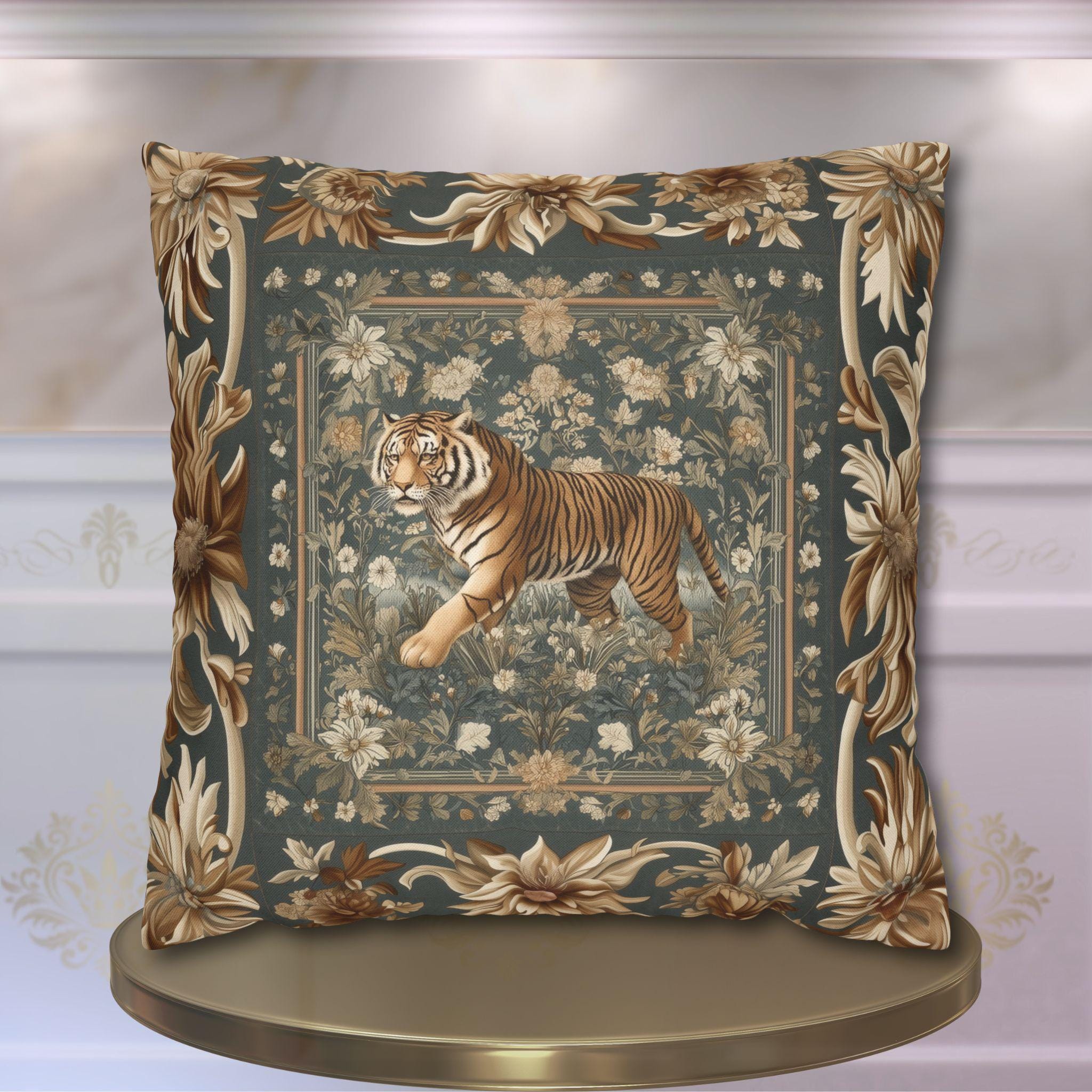 Tibetan Tiger Botanical Tapestry Pillow Cover: William Morris Inspired Garden Art