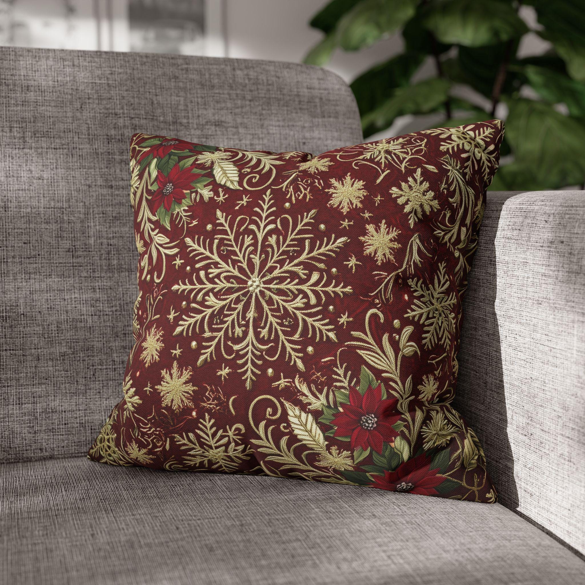 Christmas Snowflake Pillow Cover: Crimson Red Antique Gold with Deep Green Accents