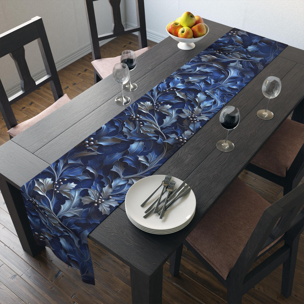 Elegant Silver & Blue Holly Leaf Christmas Table Runner - Moody Contemporary Holiday Decor