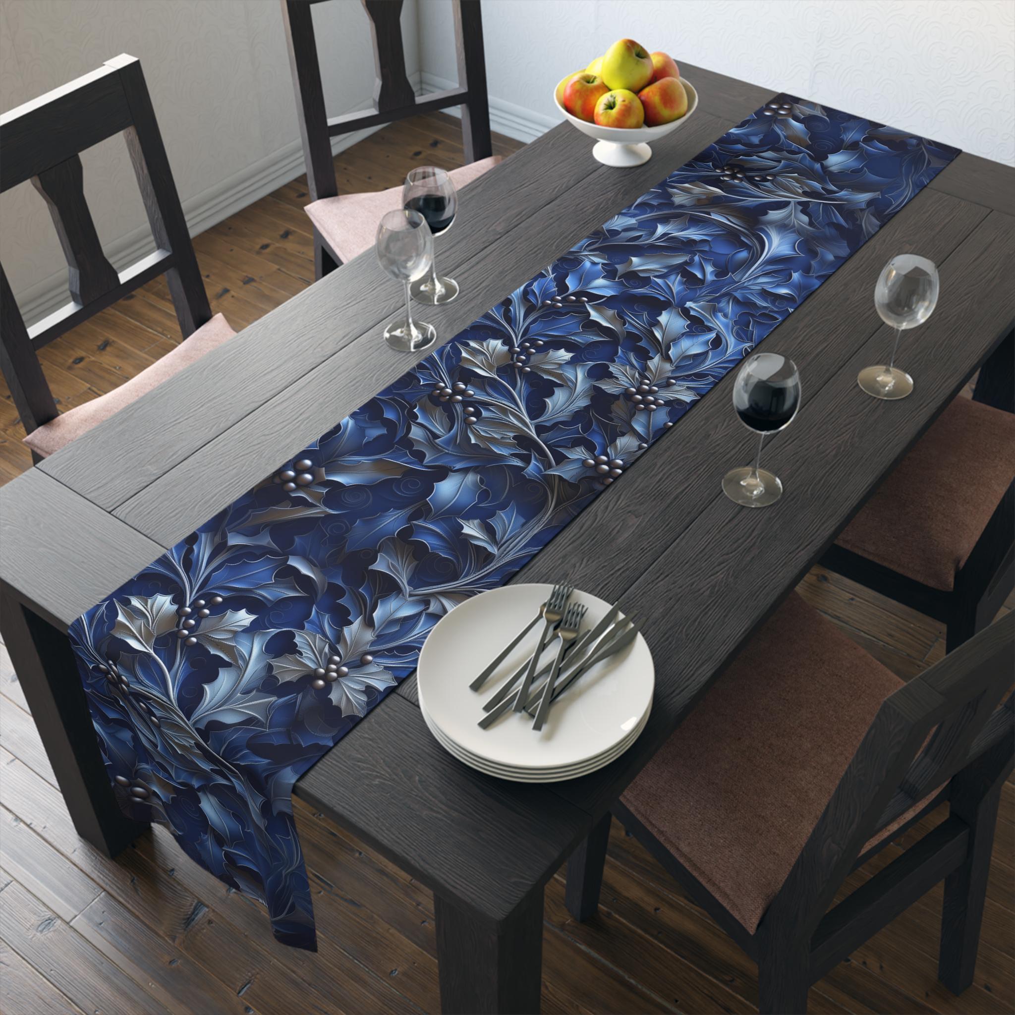 Elegant Silver & Blue Holly Leaf Christmas Table Runner - Moody Contemporary Holiday Decor
