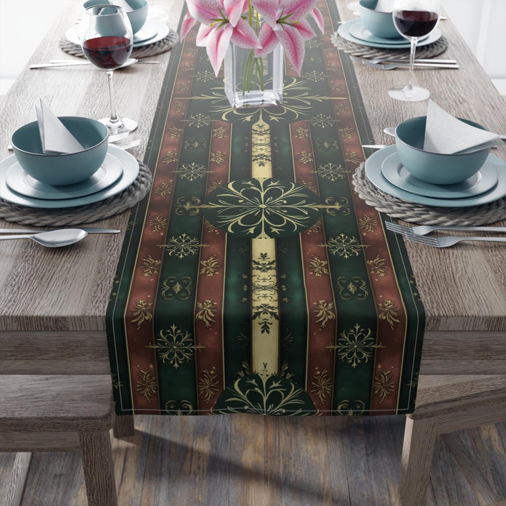 Elegant Christmas Table Runner: Green Red and Gold Snowflake Design