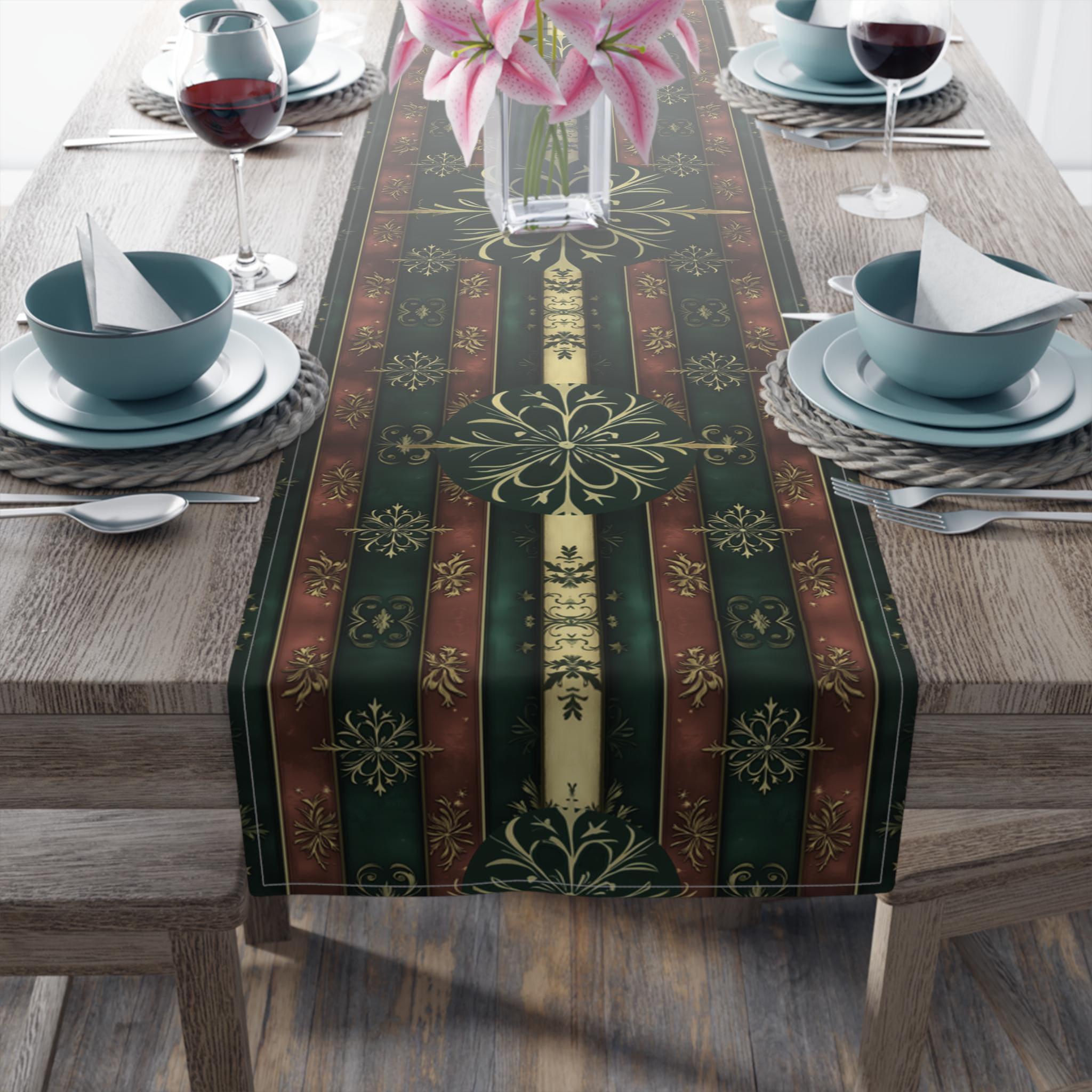 Elegant Christmas Table Runner: Green Red and Gold Snowflake Design