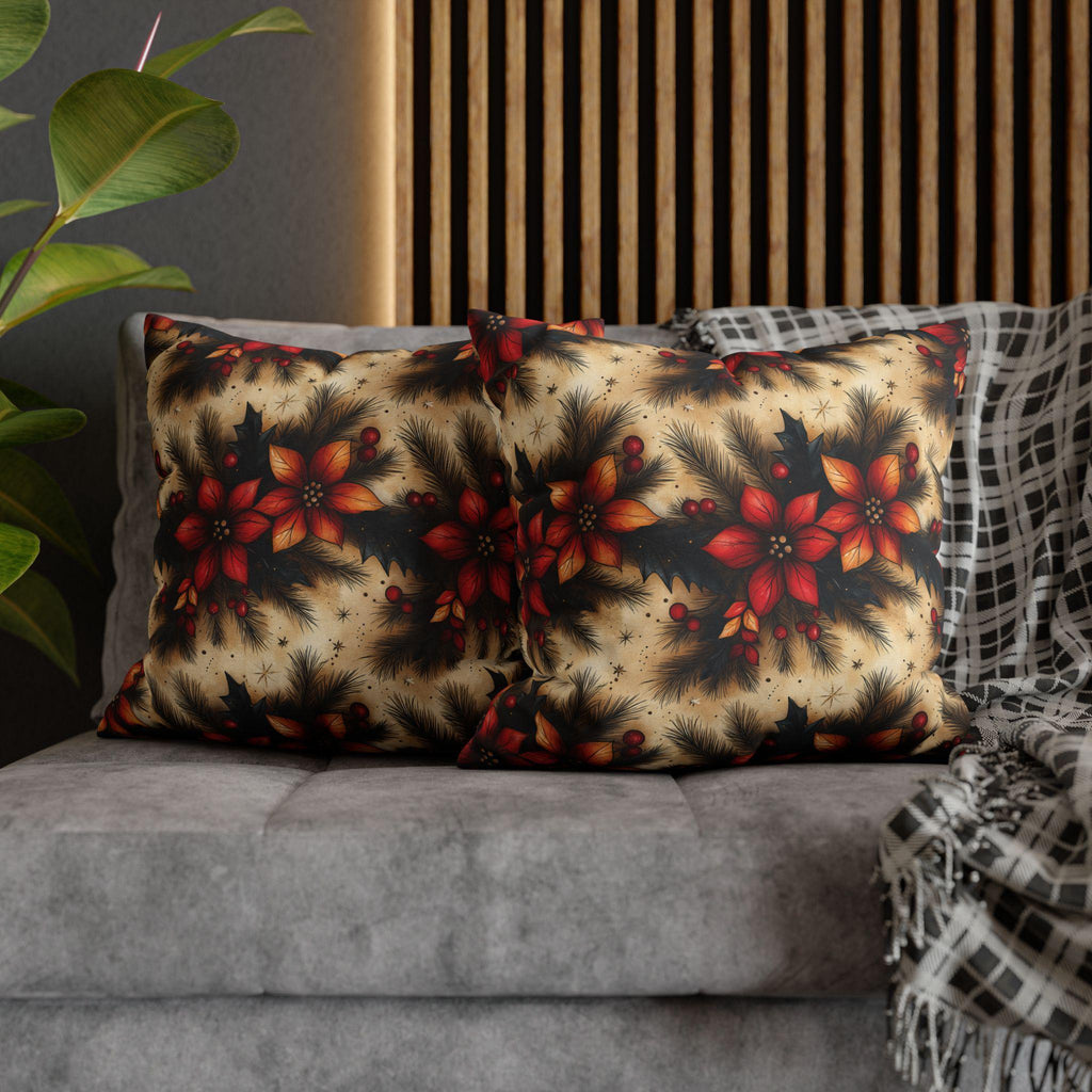 Christmas Poinsettia Pillowcase, Traditional Red and Green  Holiday Festive Home Decor Pillow Cover