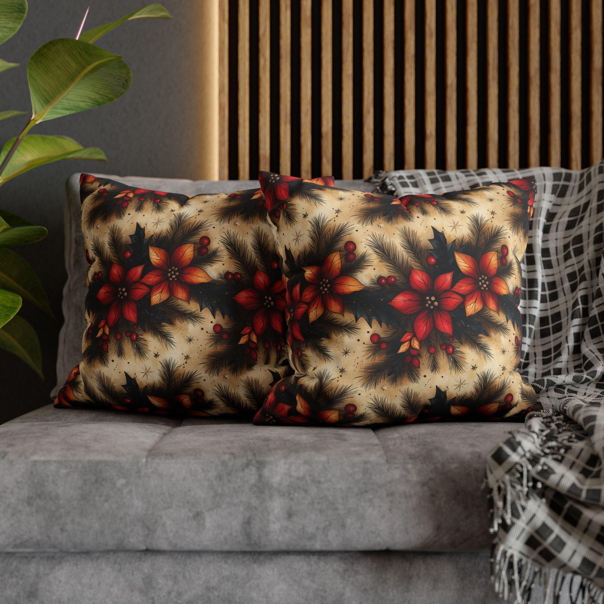 Christmas Poinsettia Pillowcase, Traditional Red and Green  Holiday Festive Home Decor Pillow Cover