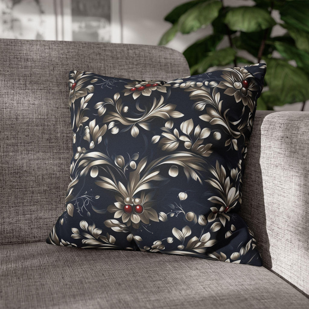 Navy Blue Holly Pillow Cover, Silver Leaf, Red Berry Christmas Decor