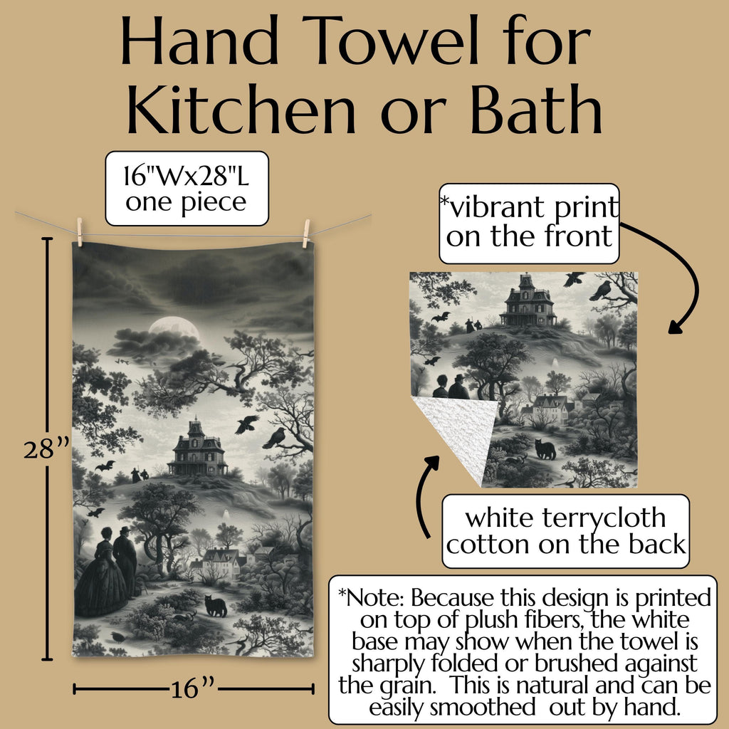 Halloween Toile Hand Towel: Haunted House, Crows and Black Cat in Monochrome