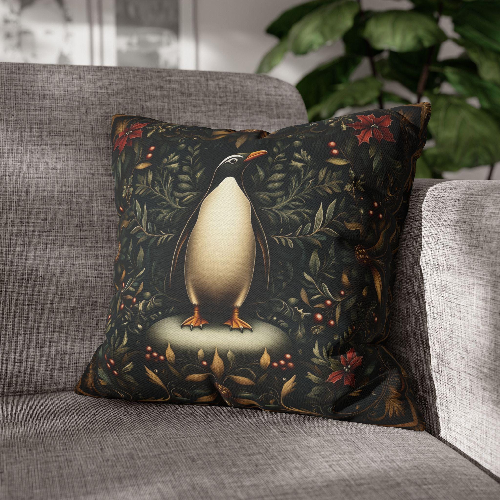 Christmas Penguin Pillow Cover: William Morris Inspired Holiday Cushion Case