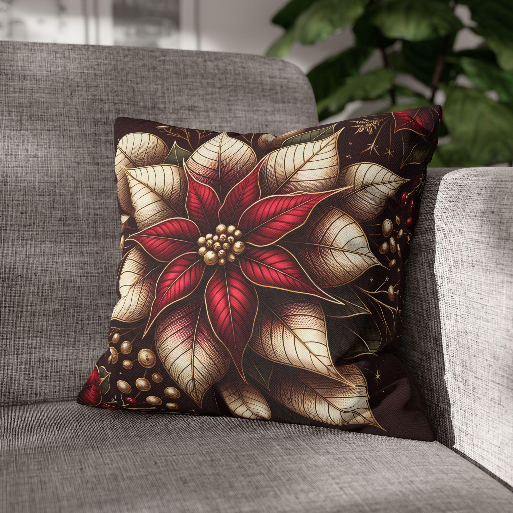 Luxurious Burgundy Poinsettia & Mistletoe Christmas Pillow Cover: Elegant Holiday Decor for Sofa